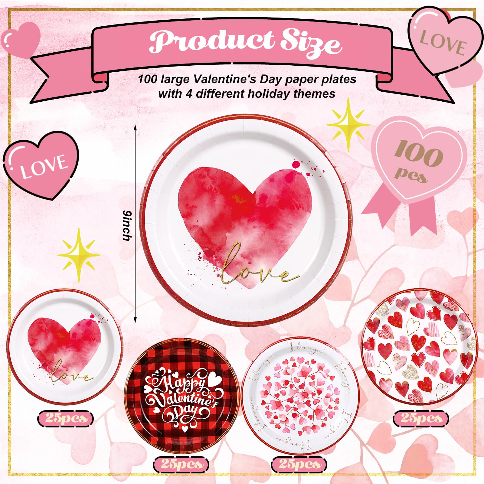 Moinchore 100 Pcs Valentine'S Day Paper Plates 9 Inches Valentine'S Day Disposable Plates Round Heart Dessert Plates Valentine'S