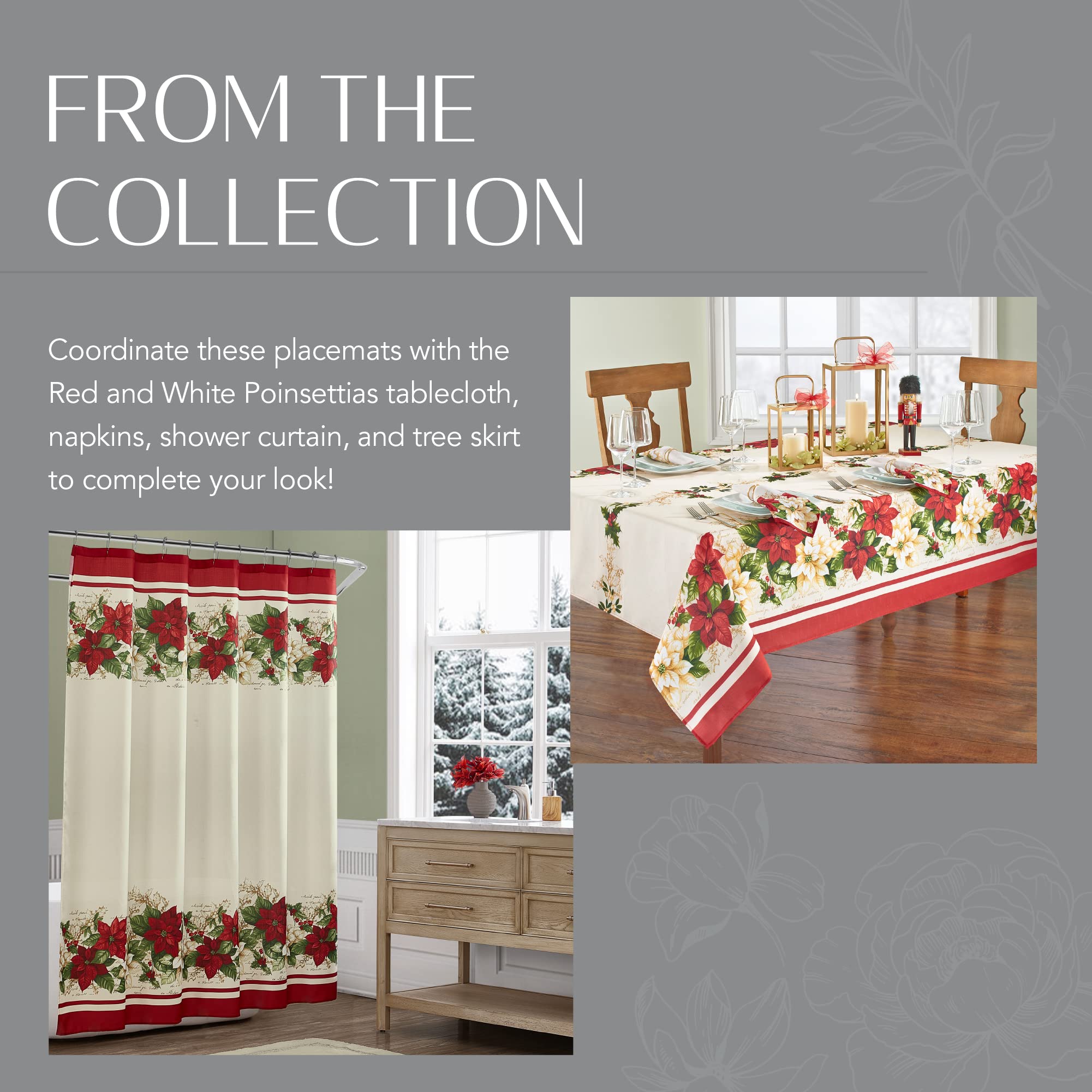 Elrene Home Fashions Red And White Poinsettia Holiday Fabric Placemats, Christmas Mats For Table Decor, 13 Inches X 19 Inches, S