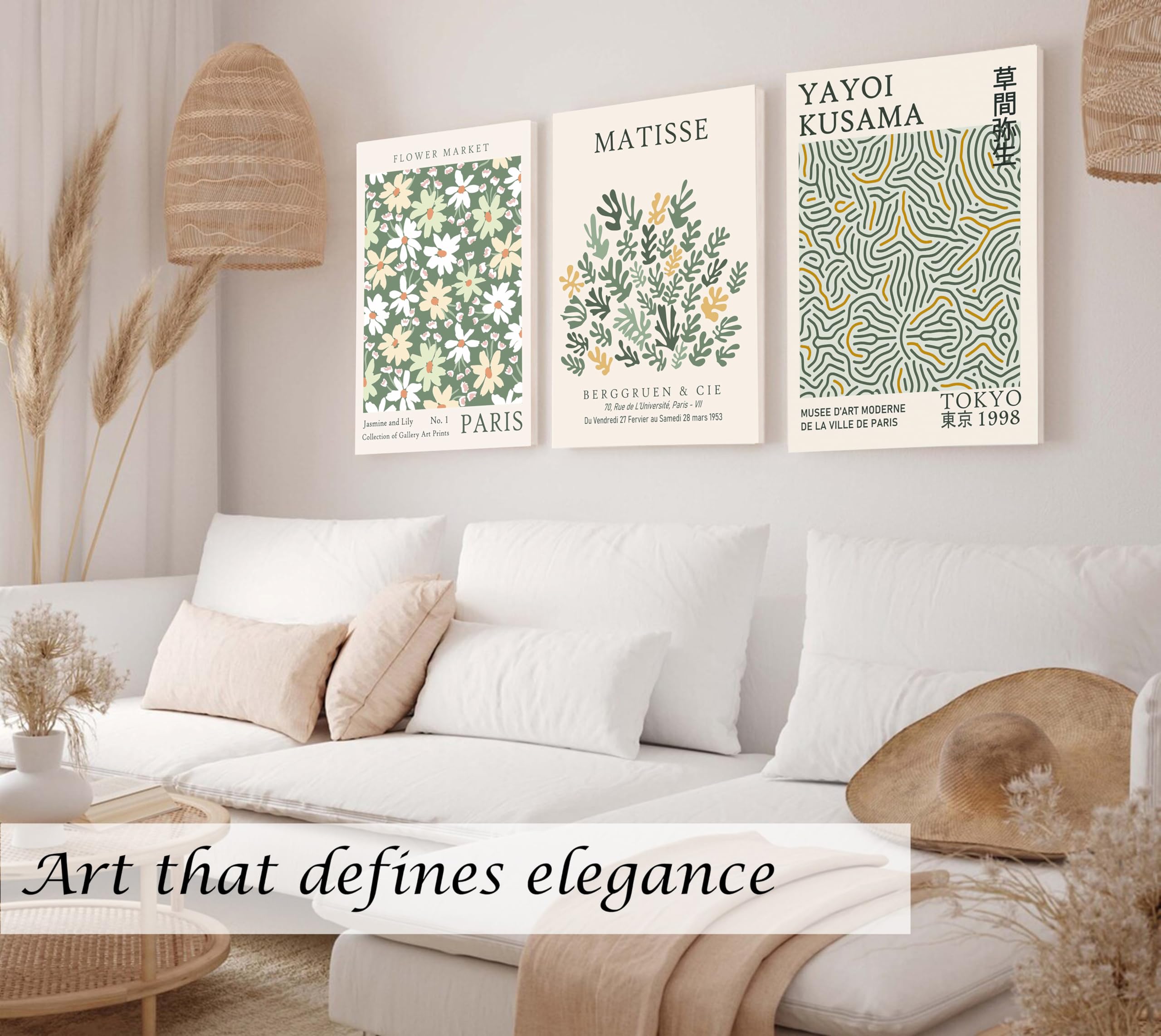 Induslyfe Large Framed Grass Wall Art Canvas Decor Set Of 3, Matisse Wall Art Framed Prints Posters Mid Century Modern Art, Aest