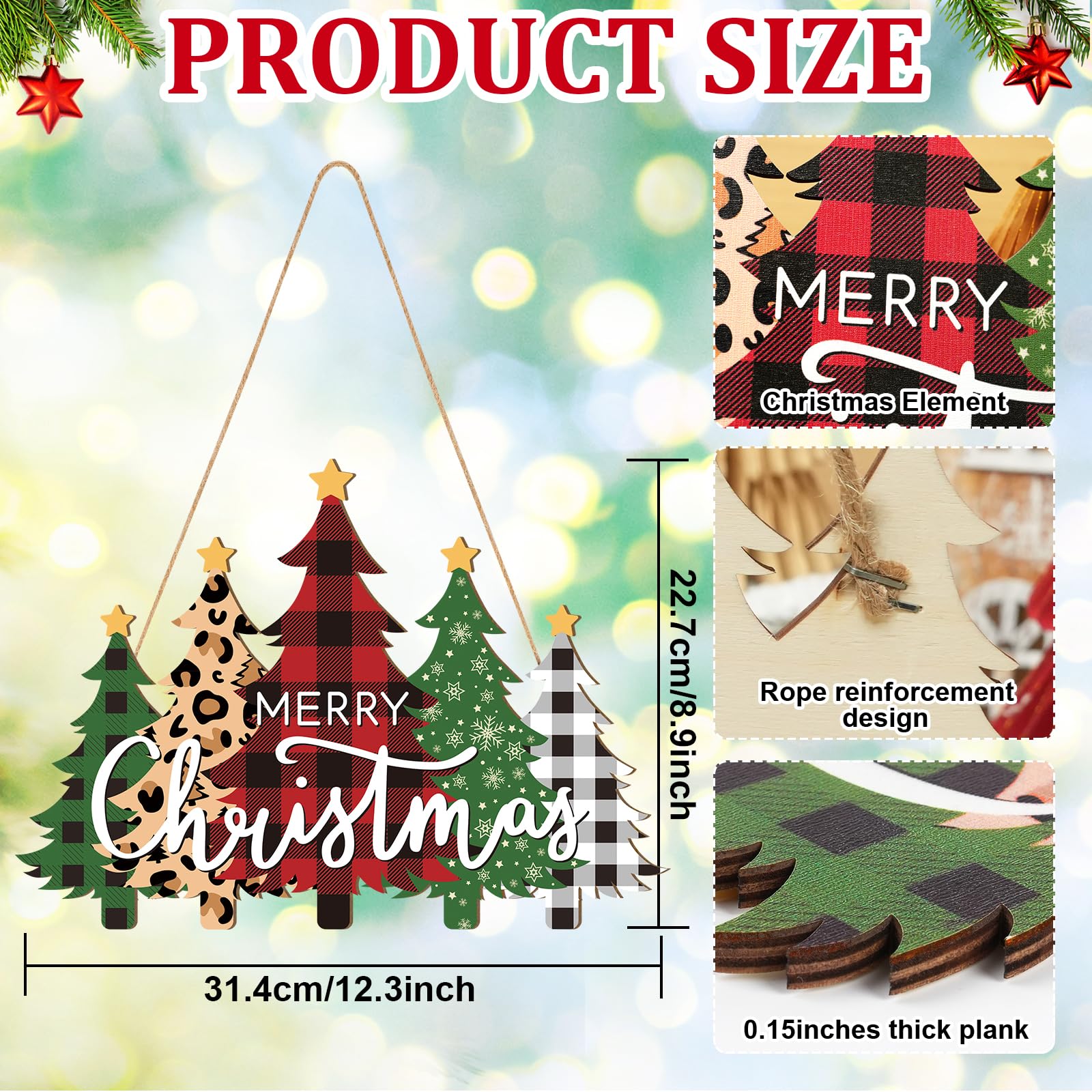 Wooden Christmas Tree Door Wreath for Front Door Sign Wall Signs, Merry Christmas Sign Black White Buffalo Plaid Welcome Hanging