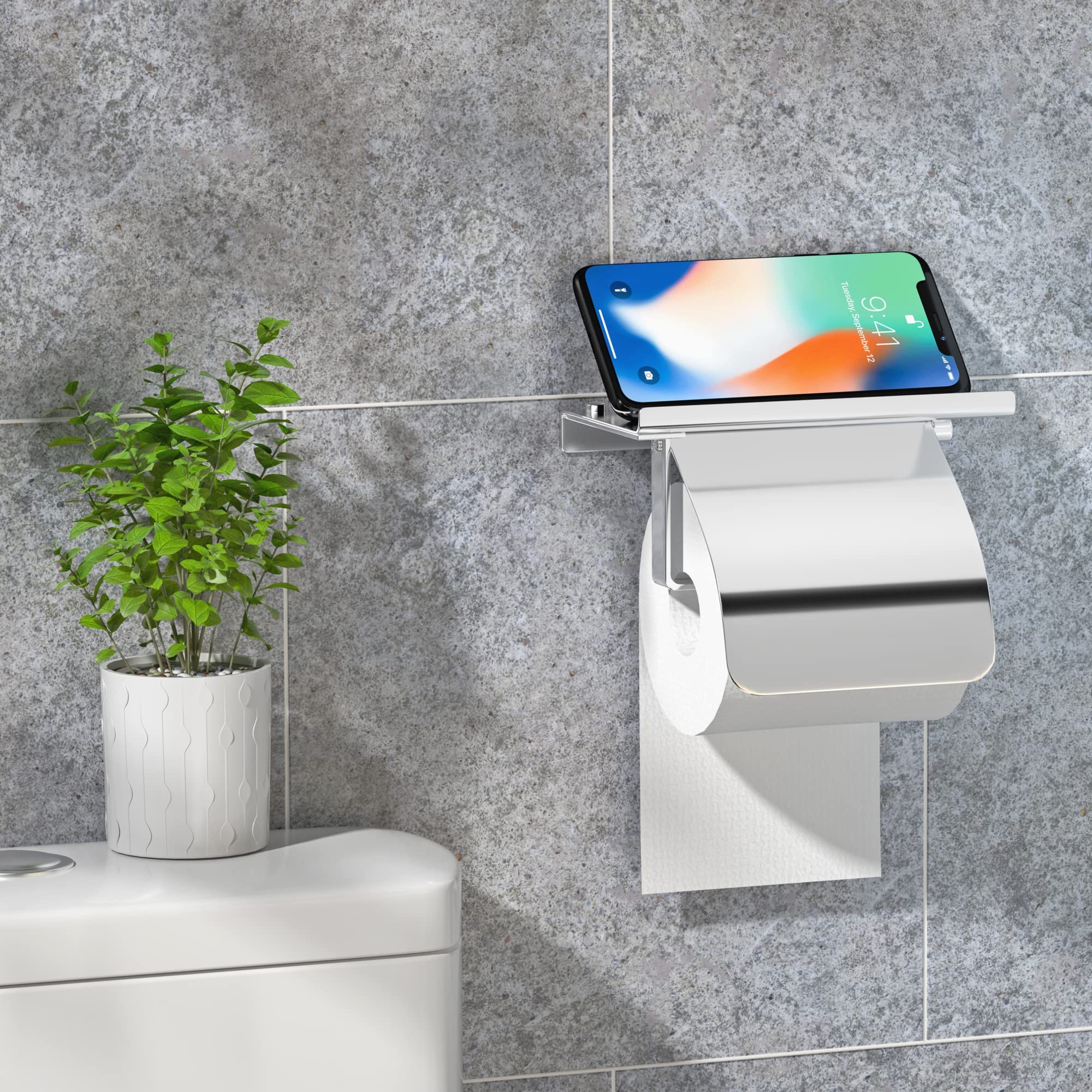 YEAVS Toilet Paper Holder with Phone Shelf and Waterproof Cover  SUS 304 Stainless Steel Tissue Roll Storage Rack (Polished Chrome)