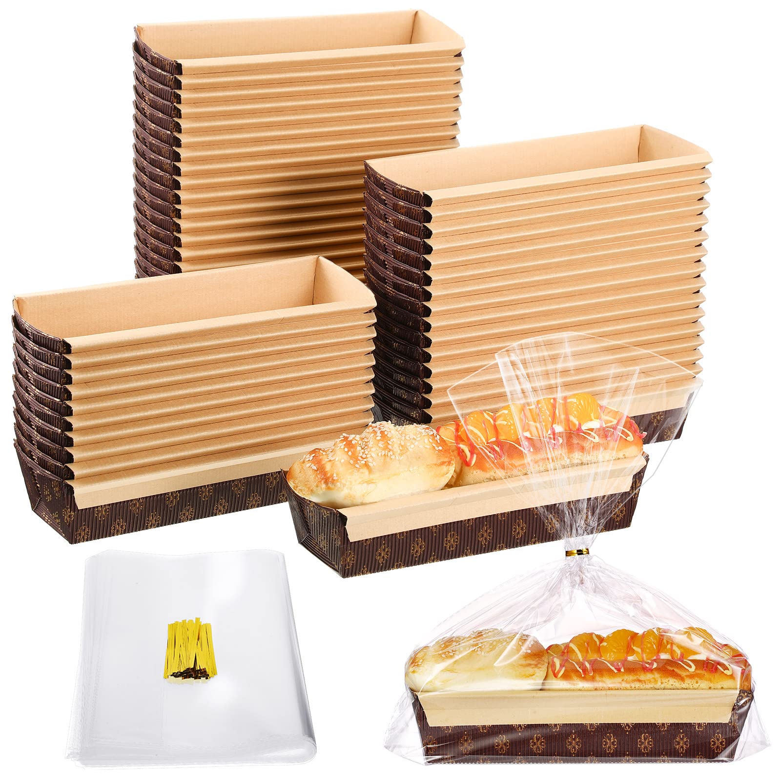 Sabary 50 Pcs Paper Loaf Pan for Baking 50 Disposable Bread Bag with Ties