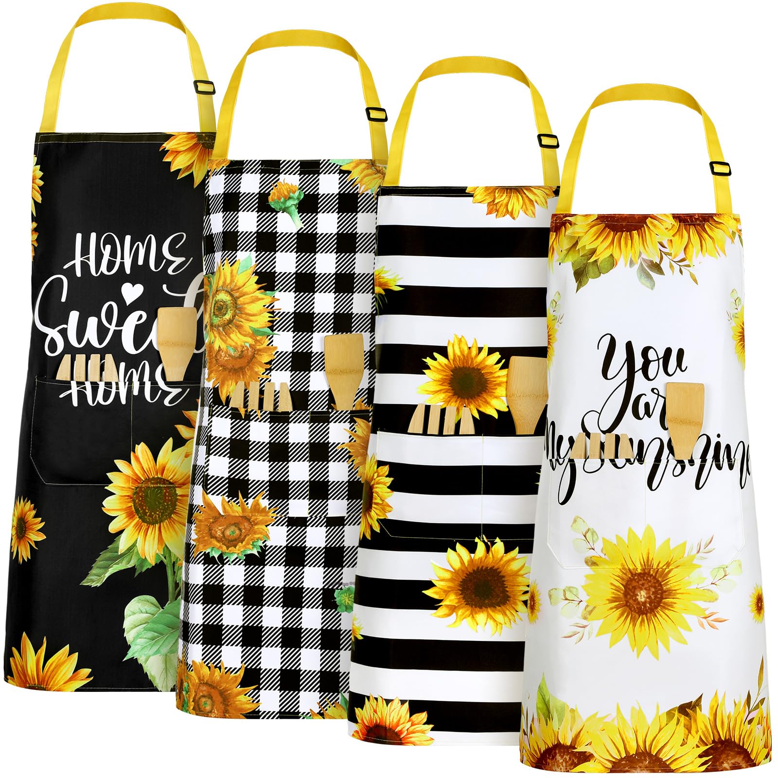 Geetery 4 Pcs Waterproof Sunflower Aprons For Women Kitchen Cooking Cute Flower Striped Adjustable Long Ties Bib Apron(Classic)