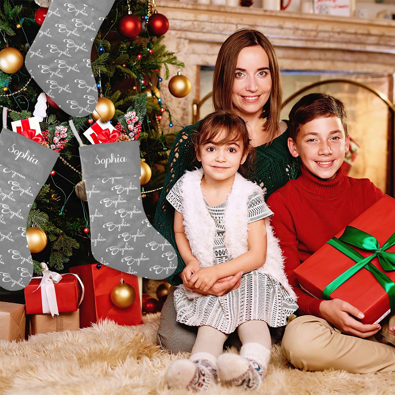 SunFancyCustom Personalized Name Gray Name Christmas Stockings Text Custom Xmas Holiday Pup Dog Gift Decor 17.52 x 7.87 Inch