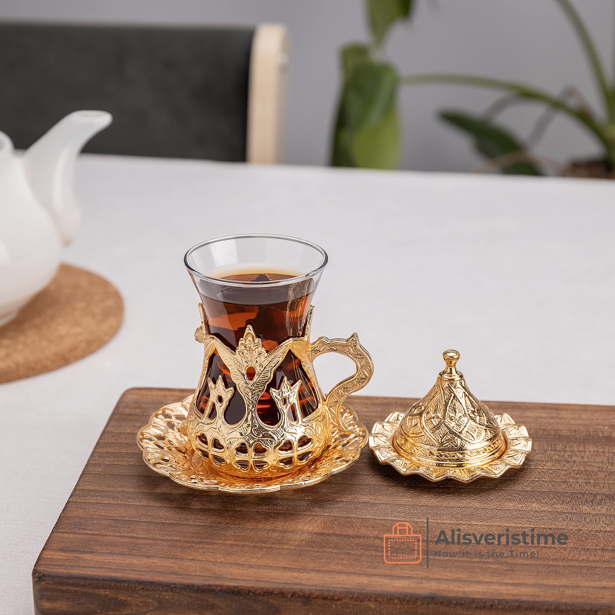 Alisveristime (Set Of 6 Handmade Turkish Tea Water Zamzam Serving Set Glasses Saucer (Gold)