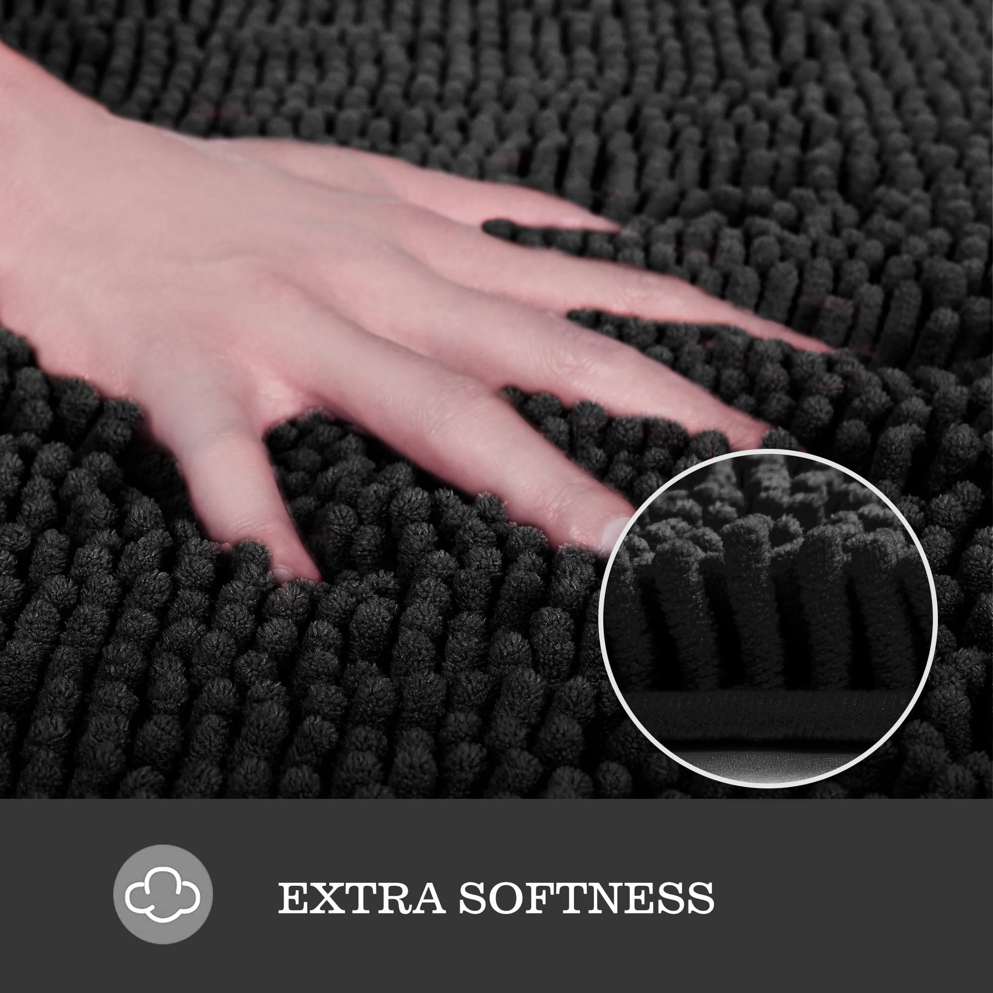 Yeaban Chenille Bathroom Rugs Non-Slip Thick Plush Bath Mat - Absorbent Washable Bath Rugs For Bathroom Shower Sink Carpet (Blac