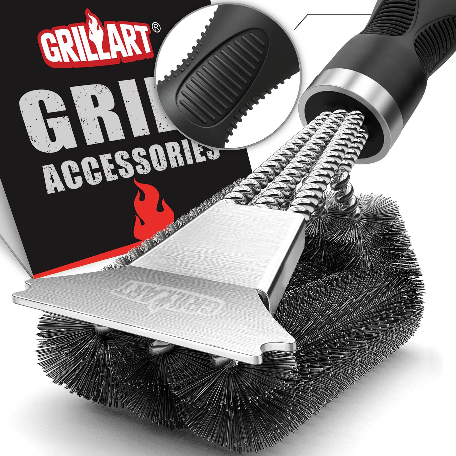 Grillart Grill Brush And Scraper, Extra Strong Bbq Cleaner Accessories, Safe Wire Bristles Barbecue Triple Scrubbers Cleaning Br