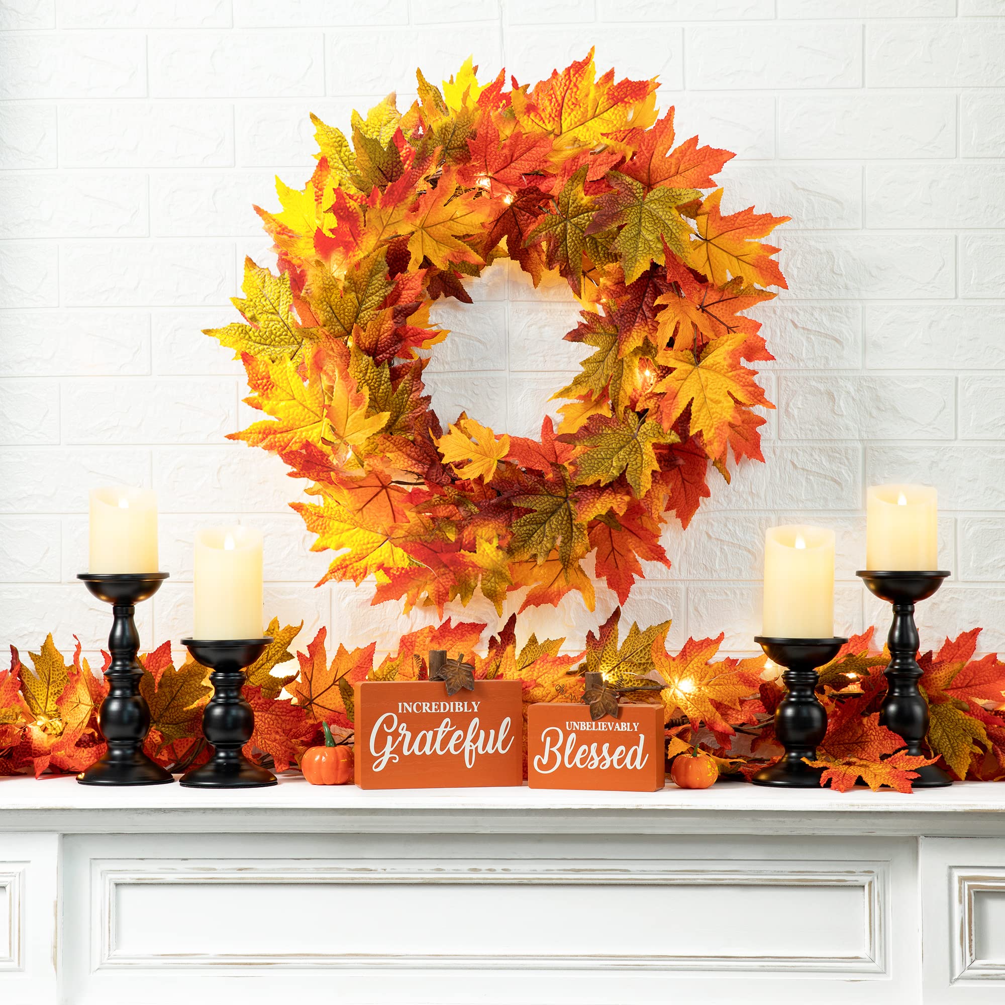 Glitzhome 24 Inch Pre-lit Fall Wreath, Autumn Wreath for Front Door, Lighted Maple Leaves Wreaths with Timer for Thanksgiving Ha