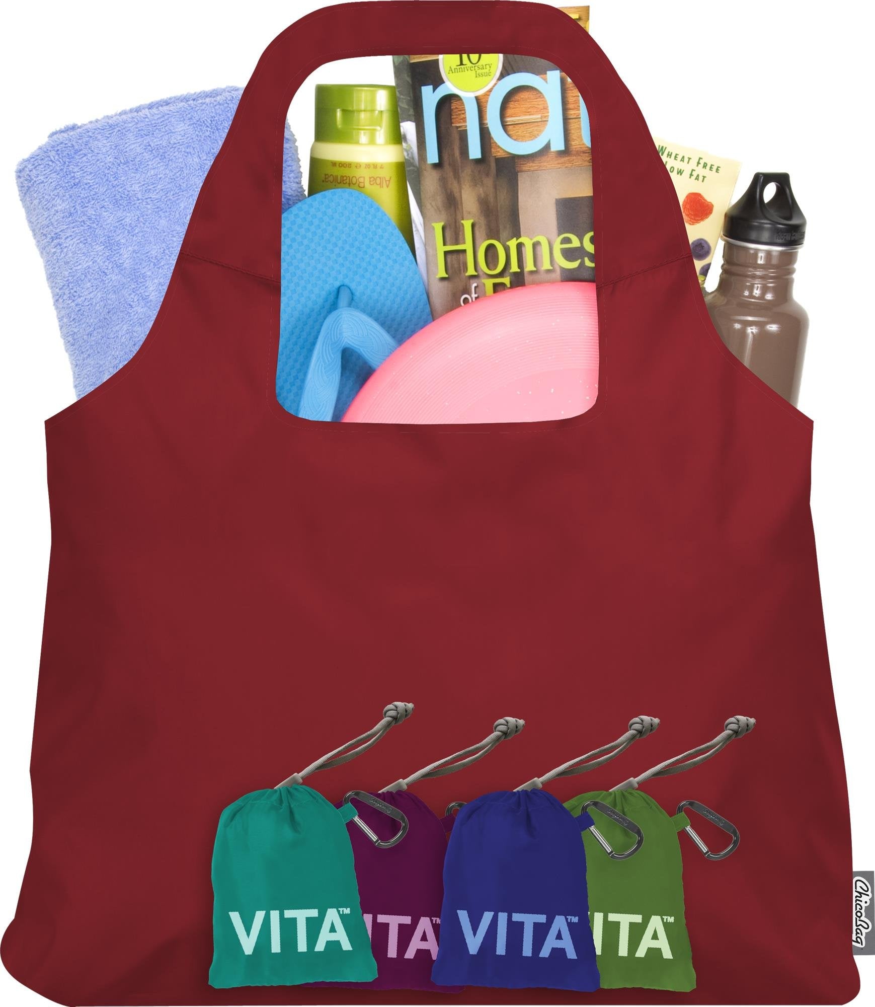 Chicobag Vita Reusable Shopping Bag With Attached Pouch And Carabiner Clip, Compact, Designer Shoulder Tote, Red