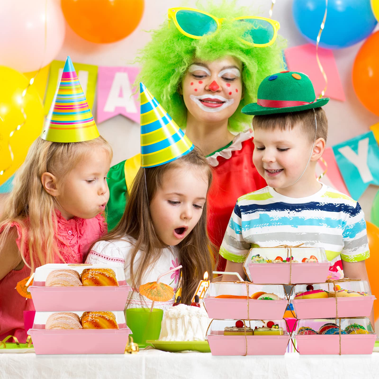 60 Pack Paper Charcuterie Boxes with Clear Secure Lids  5 Inches Disposable Food Containers with 55yd Twine and 60 Pcs Thank You Sticker Square Paper Boxes for Bakery  Cakes  Sandwich  Cookies (Pink)