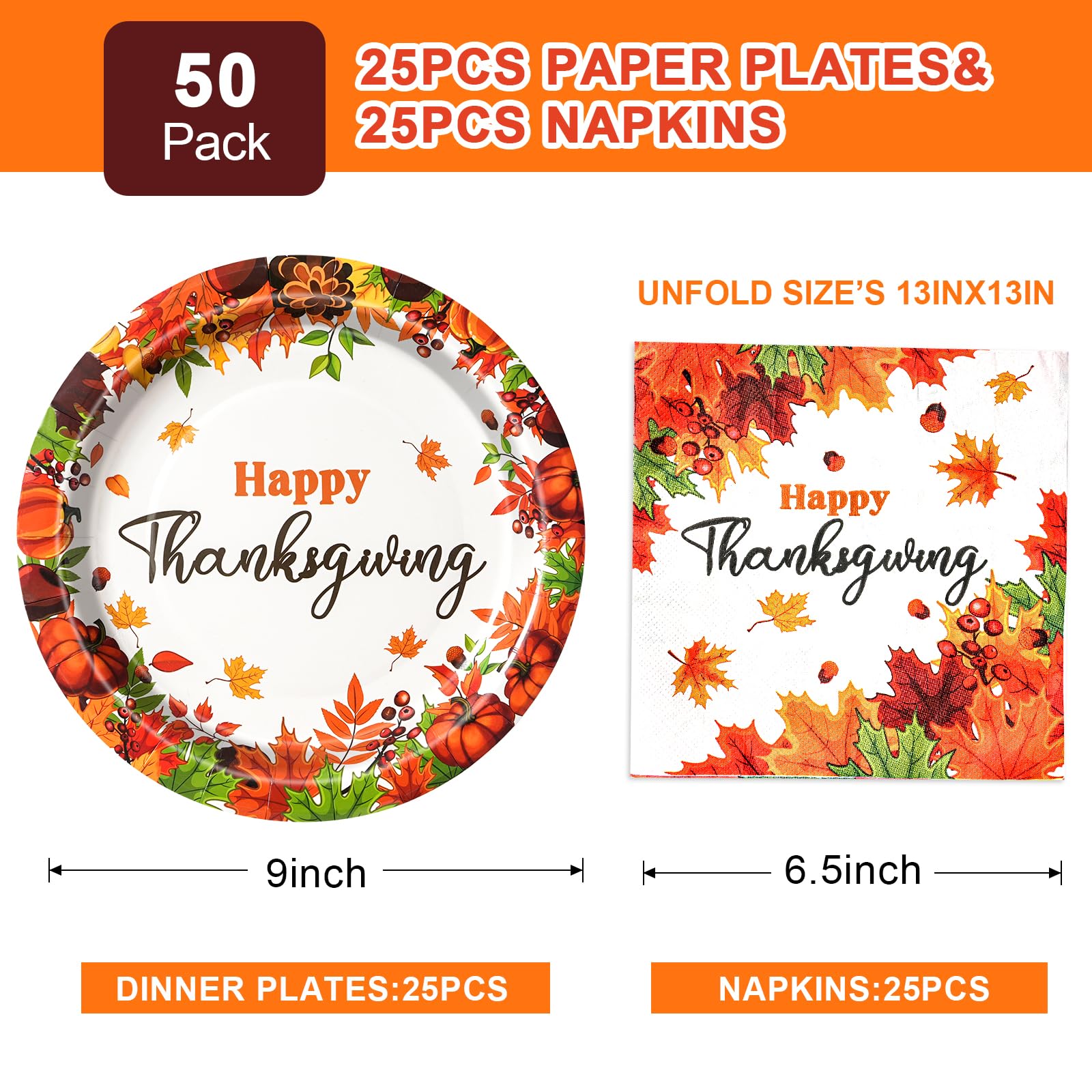 Dereinwo 50Pcs Thanksgiving Paper Plates and Napkins Disposable paper plates for Thanksgiving Party Supplies