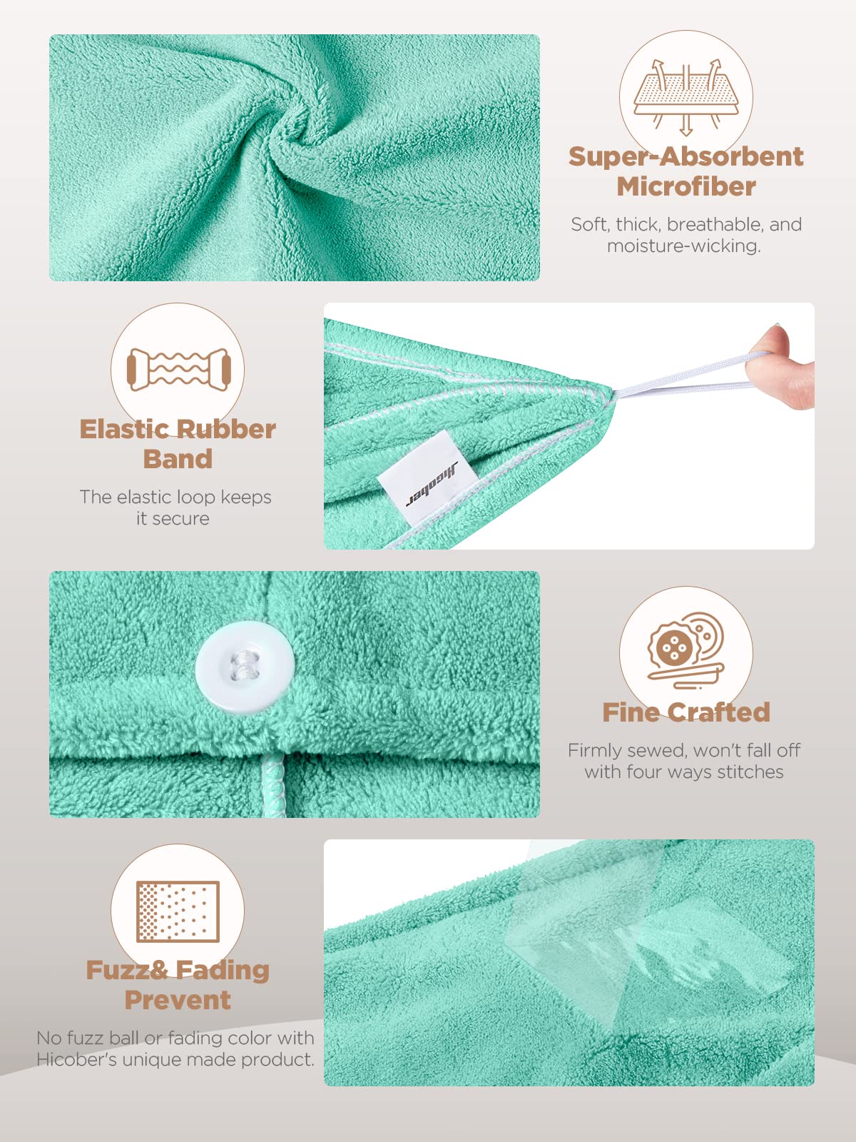 Hicober Microfiber Hair Towel, 3 Packs Hair Turbans for Wet Hair, Drying Hair Wrap Towels for Curly Hair Women Anti Frizz (Green