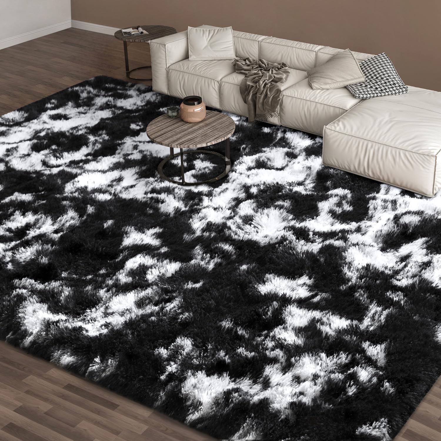 EVOIONOS Black White Tie-dye Rug for Living Room, 5x7 Ft Fluffy Shaggy Bedside Area Rugs for Bedroom, Plush Soft Indoor Floor Ca