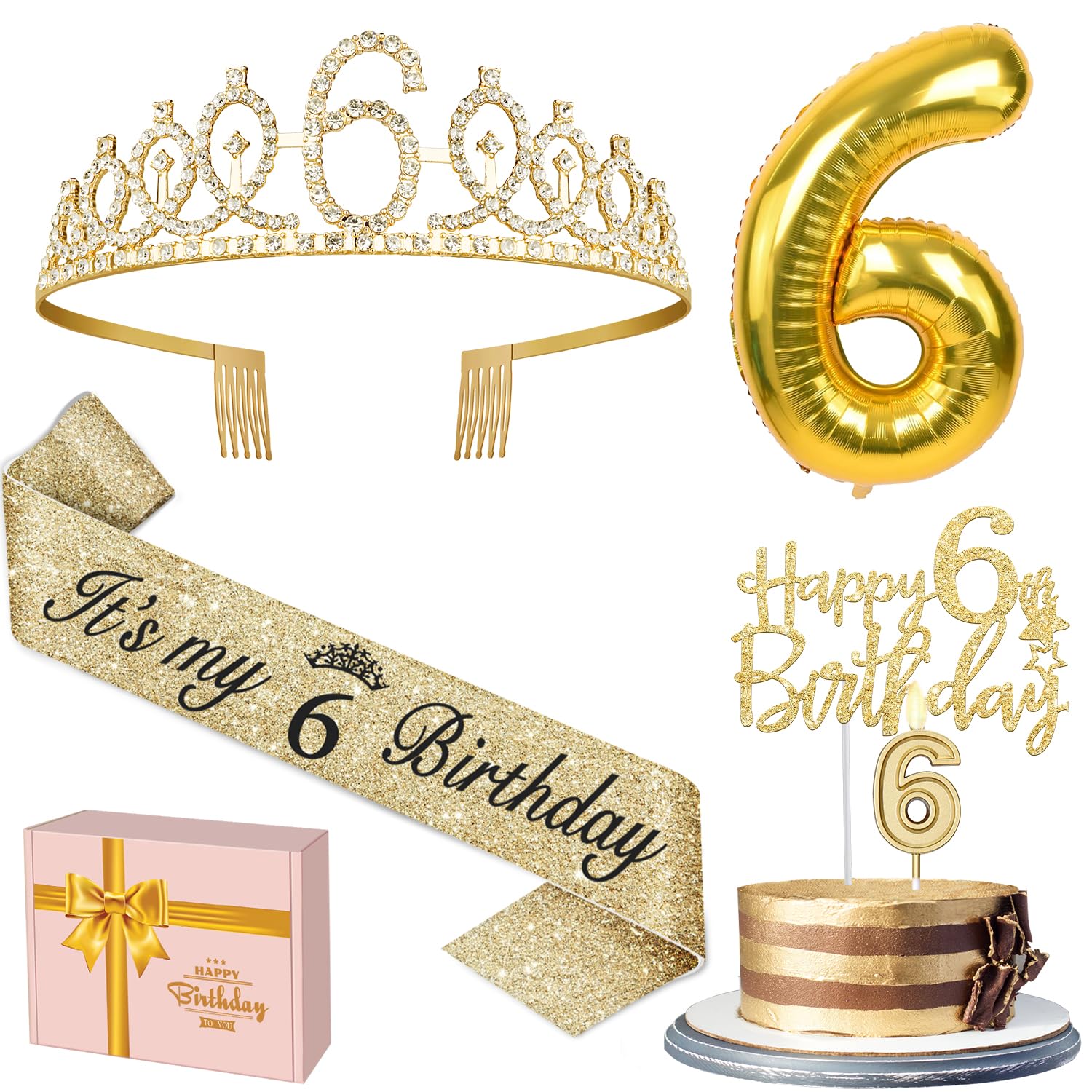 6th Birthday Decorations for Girl with 6th Birthday Sash and Tiara, Candle and Cake Topper, Number Balloon, 6 Year Old Girl Gift