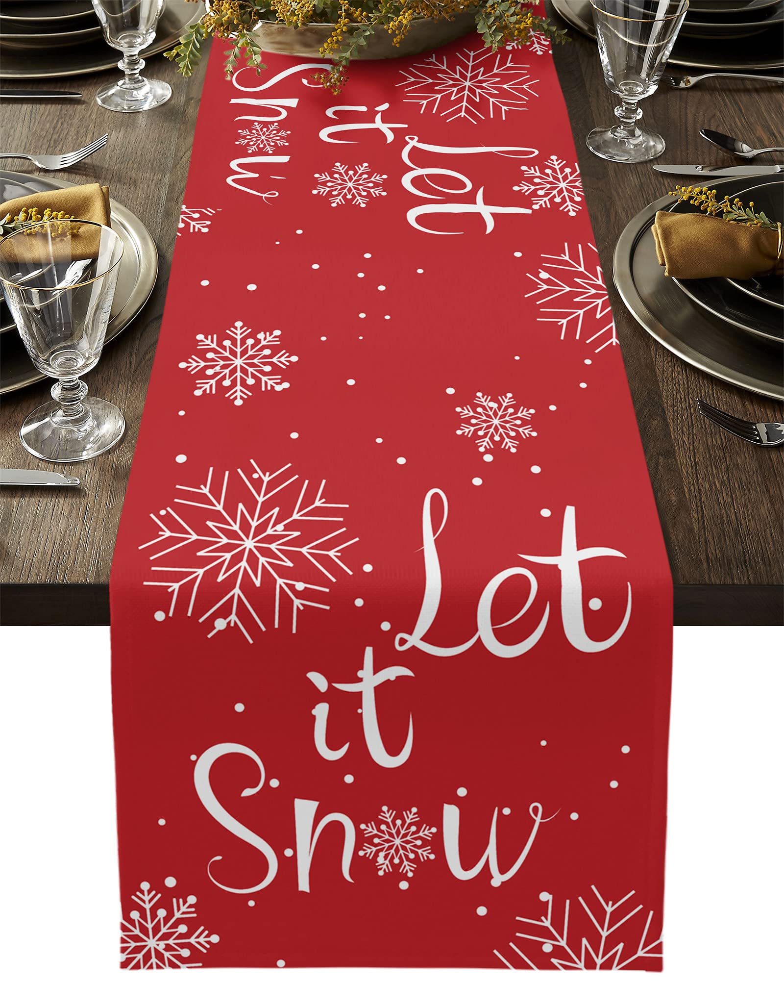 Christmas Table Runner-Cotton Linen-Let It Snow Dinner Scarf D  Cor,Long 108 Inch Holiday Winter Snowflake Dresser Scarves,Farmh