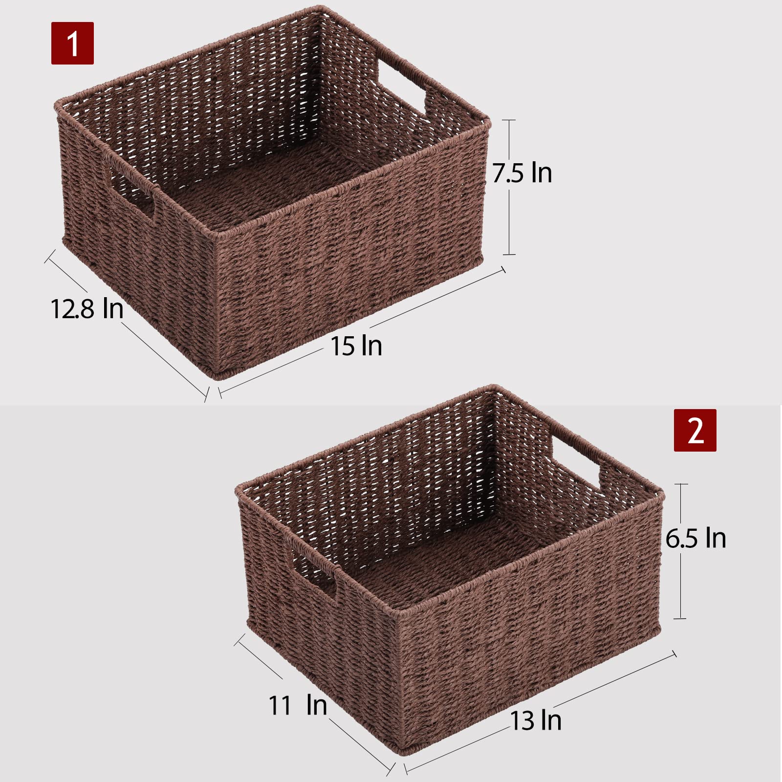 HOONEX Large Woven Baskets for Storage  Paper Rope Baskets with Sturdy Metal Wire Frame  Baskets for Shelves  Set of 2  Dark Brown