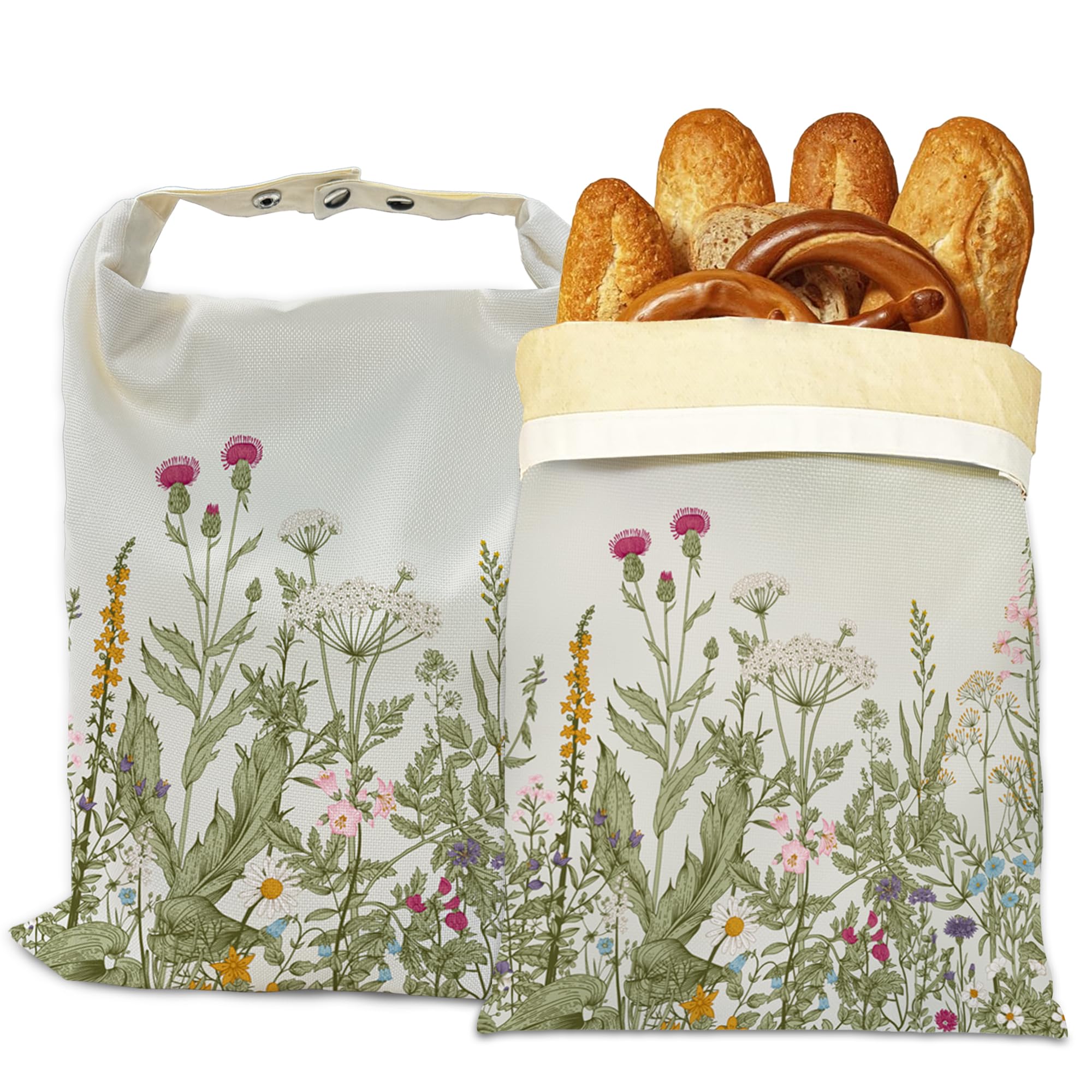 Bread Bags for Homemade Bread- Herbs Wild Flowers 2 Pack Linen and Beeswax Sourdough Storage Bags, Reusable Keeper, Keeps Breads