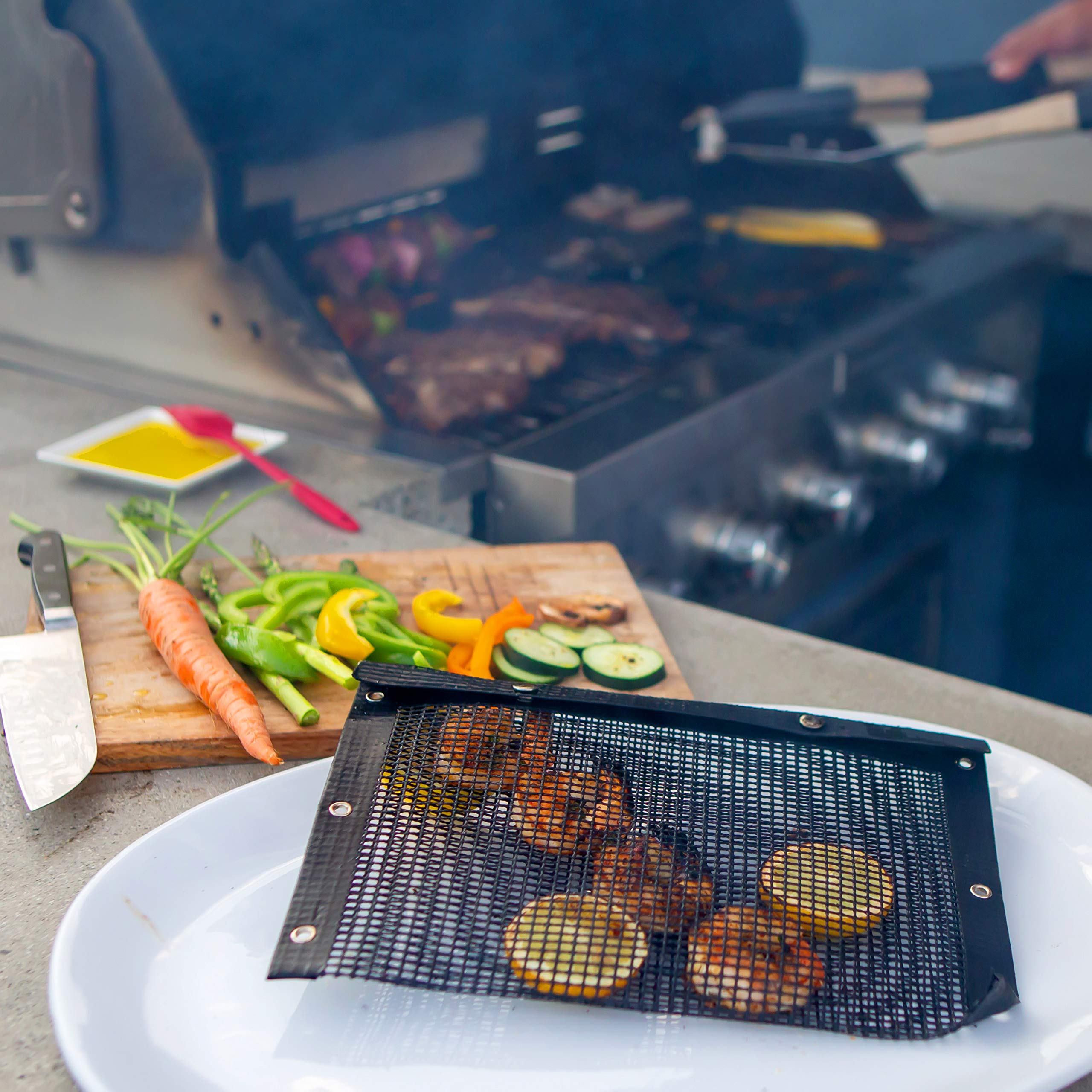 BBQ Non-Stick Large Mesh Grilling Bags + Basting Brush - Reusable PTFE Mesh Indoor Outdoor Charcoal Barbecue Grill Bag Accessories  Heat-Resistant Up to 500 F  Easy to Clean  Dishwasher-Safe - Set of 2