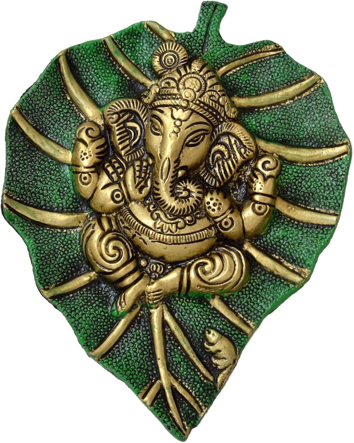 Crown Warriors Metal Golden Lord Ganesha On Green Leaf Wall Hanging Wallart Decorative Religious Showpiece For Home Wall Decor, 