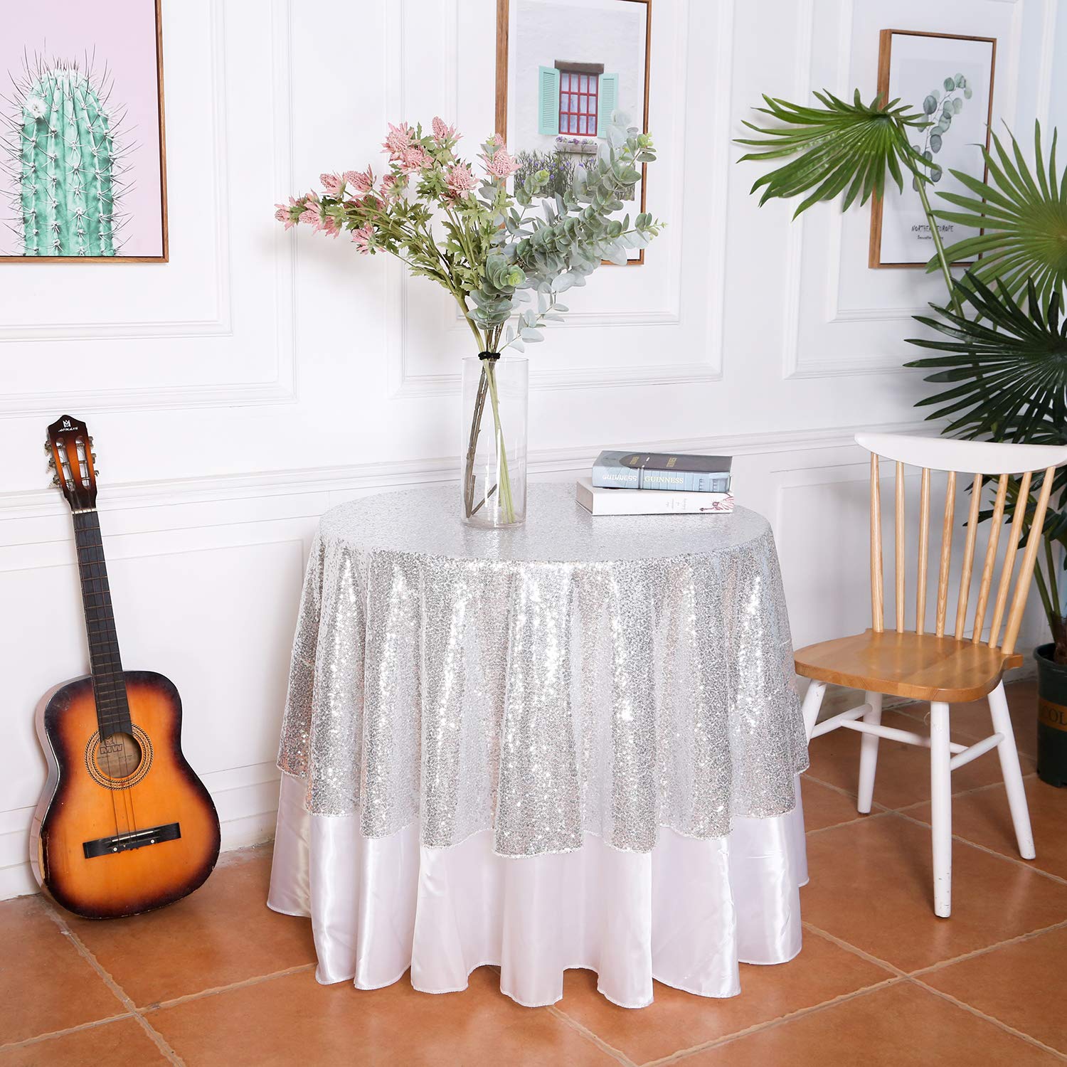 Eternal Beauty Round Silver 70'' Sequin Tablecloth- Sparkly Sequin Overlay For Wedding Party/Dessert Table/Christmas Decoration(