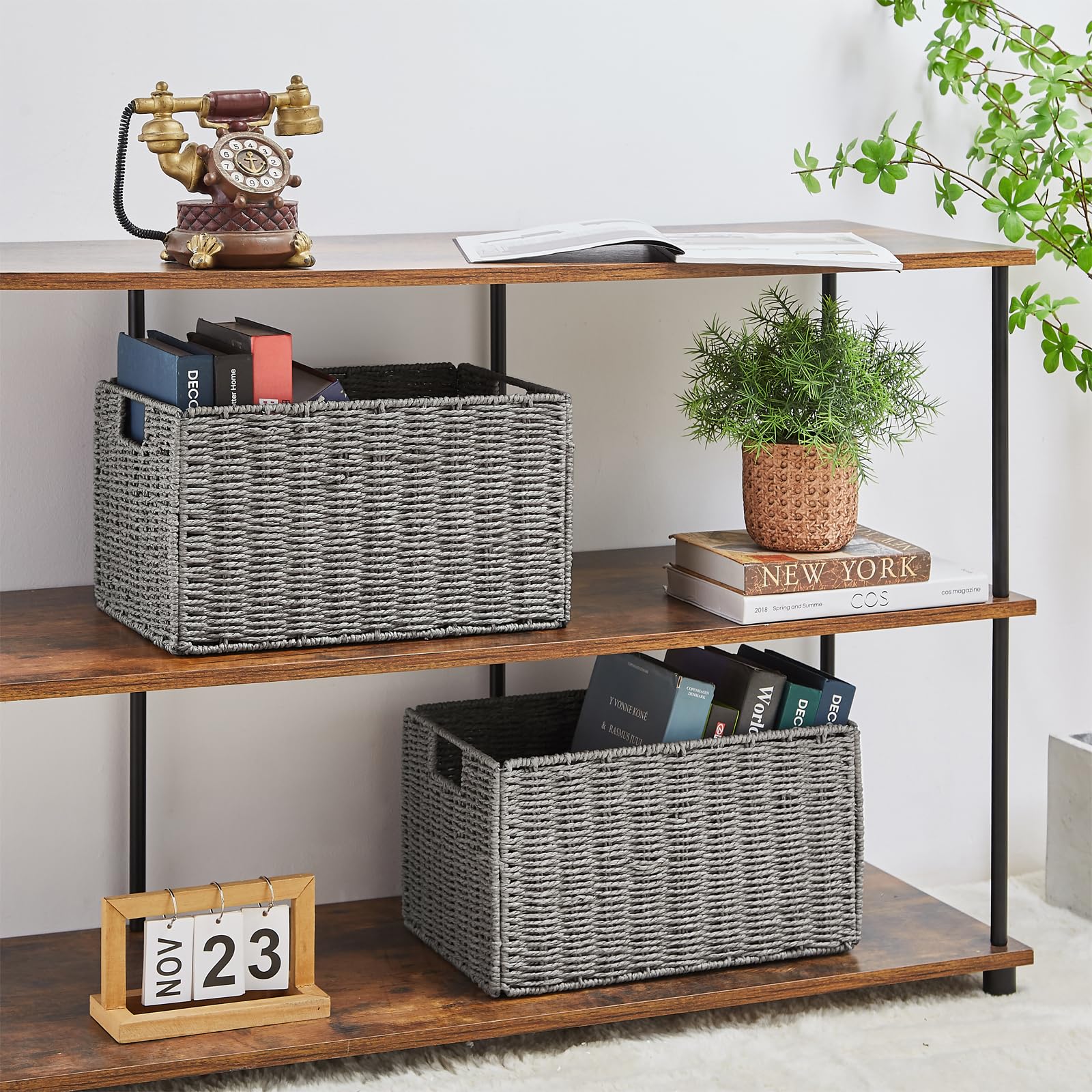 Vagusicc Wicker Basket, Baskets For Organizing, Set Of 2 Woven Paper Rope Wicker Storage Basket With Handles, Foldable Large Cub