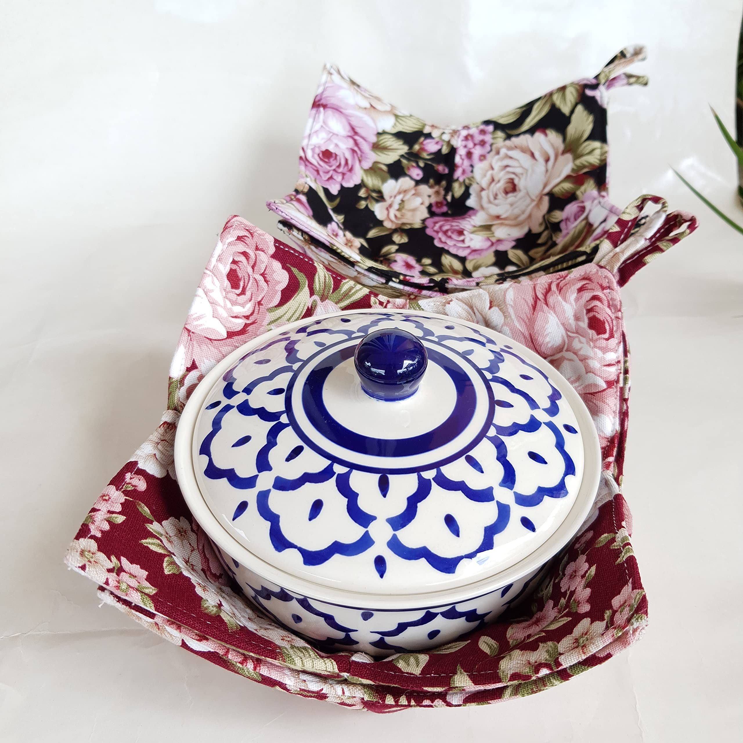 Cushystore 4X Bowl Cozy Canvas Holders Heat And Cold Resistant Anti-Scalding Protector Red Black Roses Garden