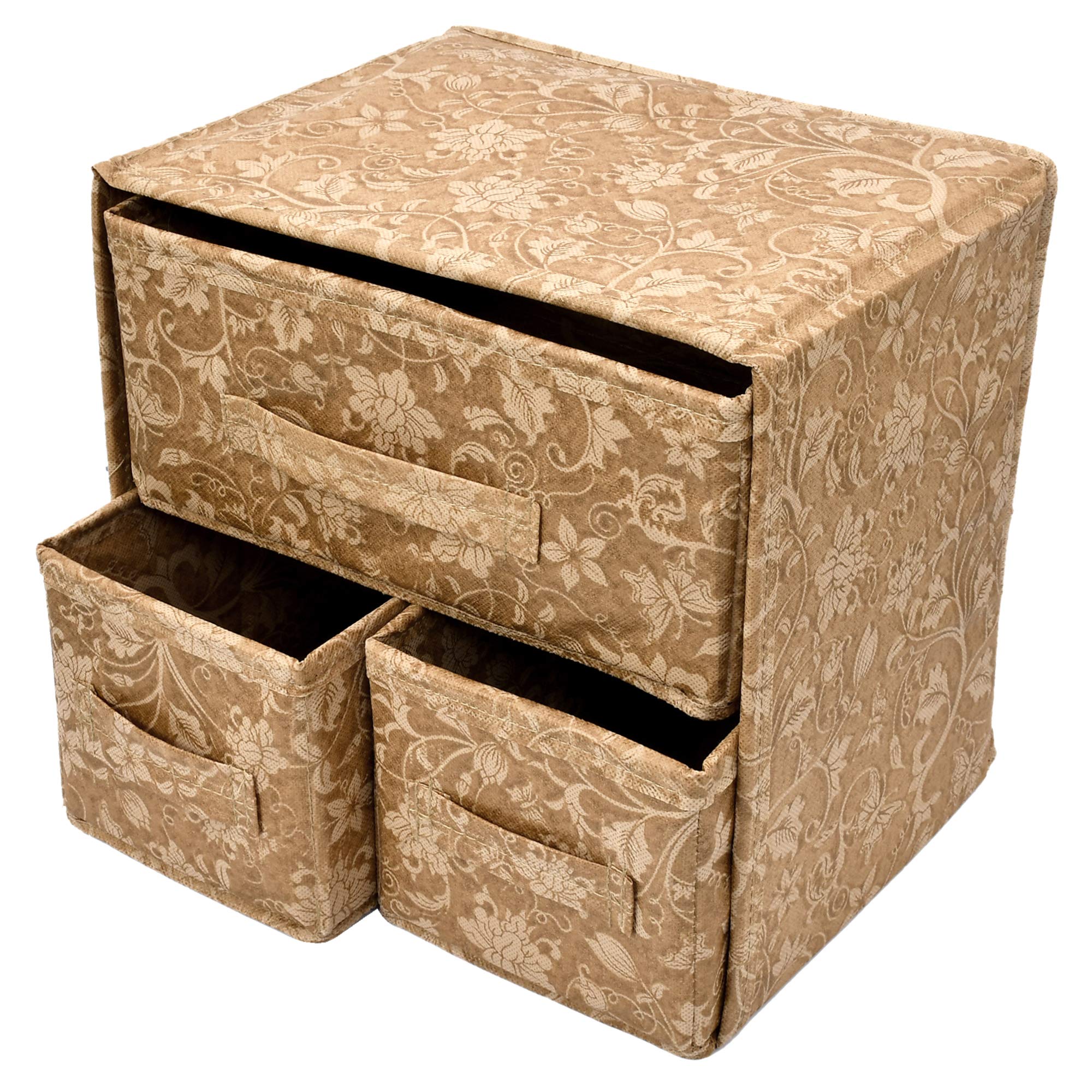 Kuber Industries Kubmart2140 Metallic Print 2 Layer 3Drawer Foldable Drawer Units Fabric Cabinet Closet Storage Organizer (Beig
