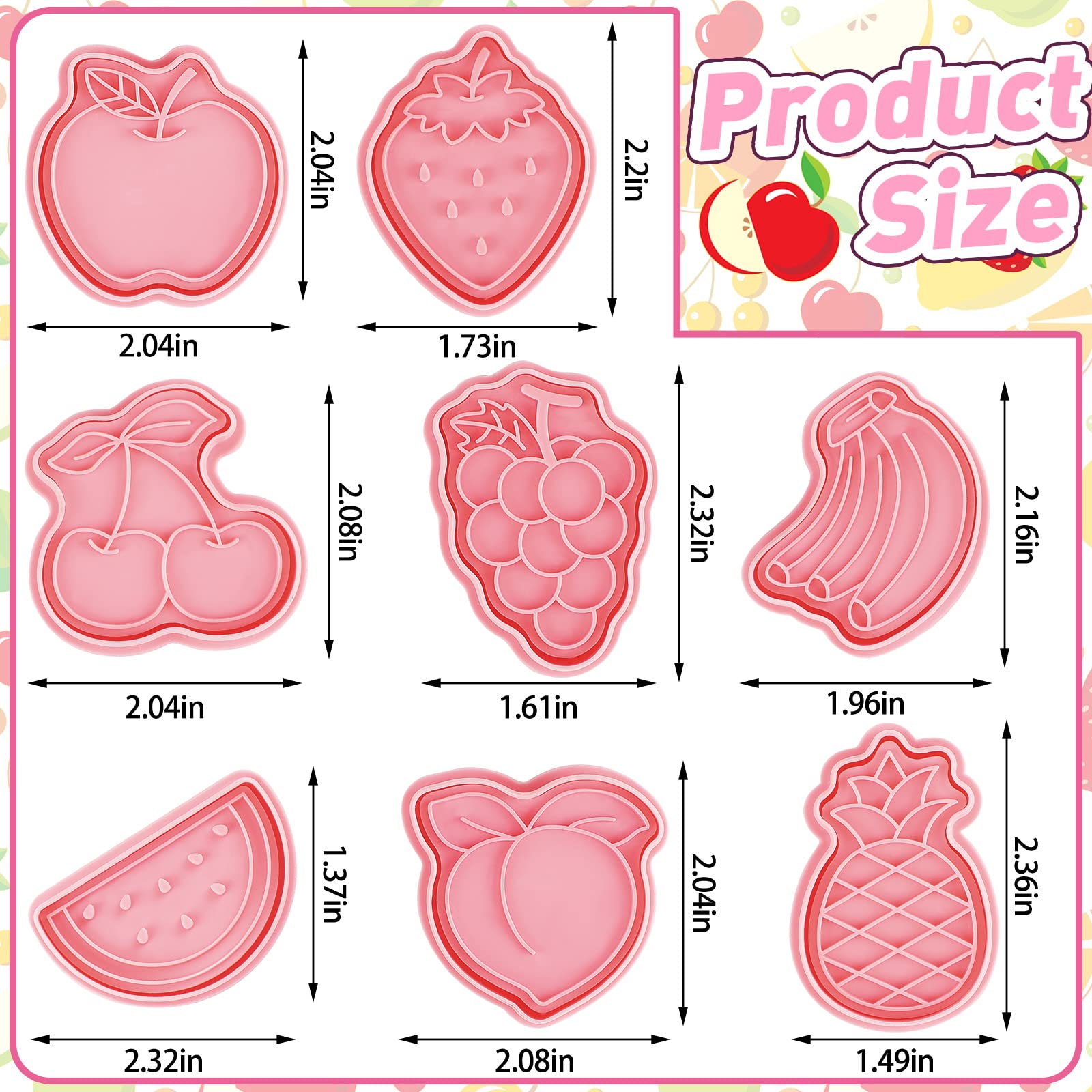 8 Pcs Fruit Cookie Cutters With Plunger Stamps Set 3D Grape Banana Strawberry Pineapple Watermelon Peach Cherry Apple Cookie Cut