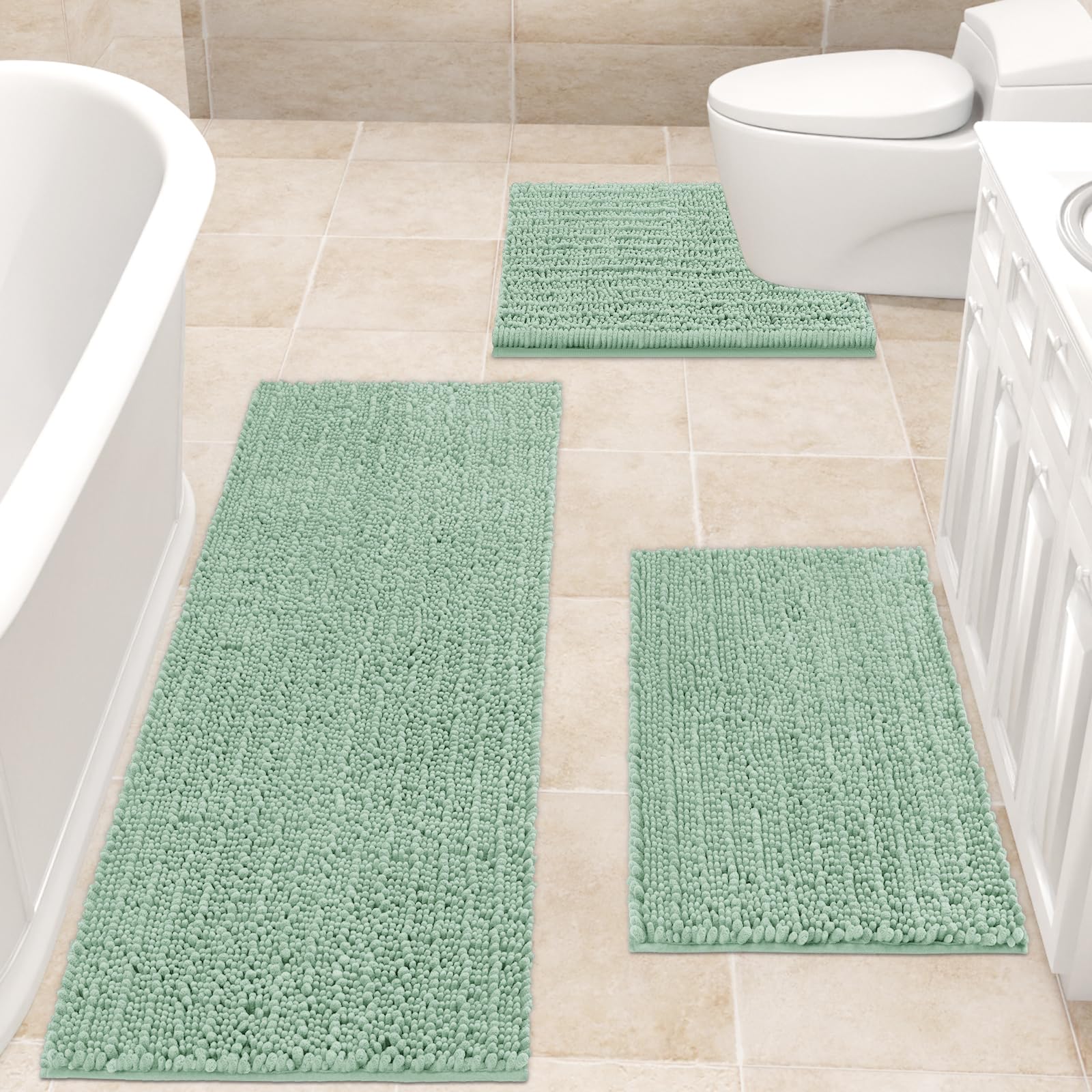 Accumtek Upgrade Extra Large Sage Bathroom Rug Set 3 Pieces Ultra Soft, Thick Absorbent Bath Mats, Non Slip Chenille Toilet Mat