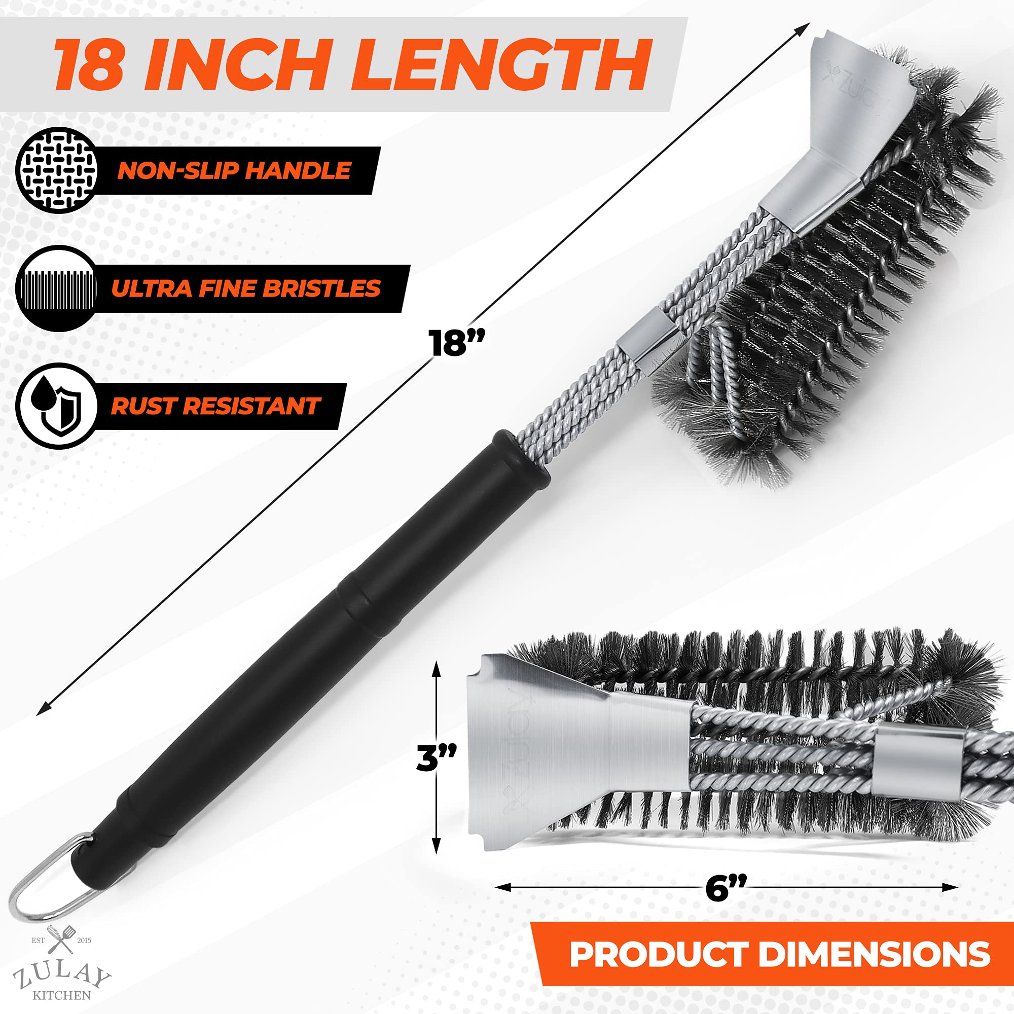 18'' Heat Boss Grill Brush And Scraper - 3 Rows Of Reinforced Stainless Steel Bristles - Best Heavy Duty Outdoor Grill Brush For