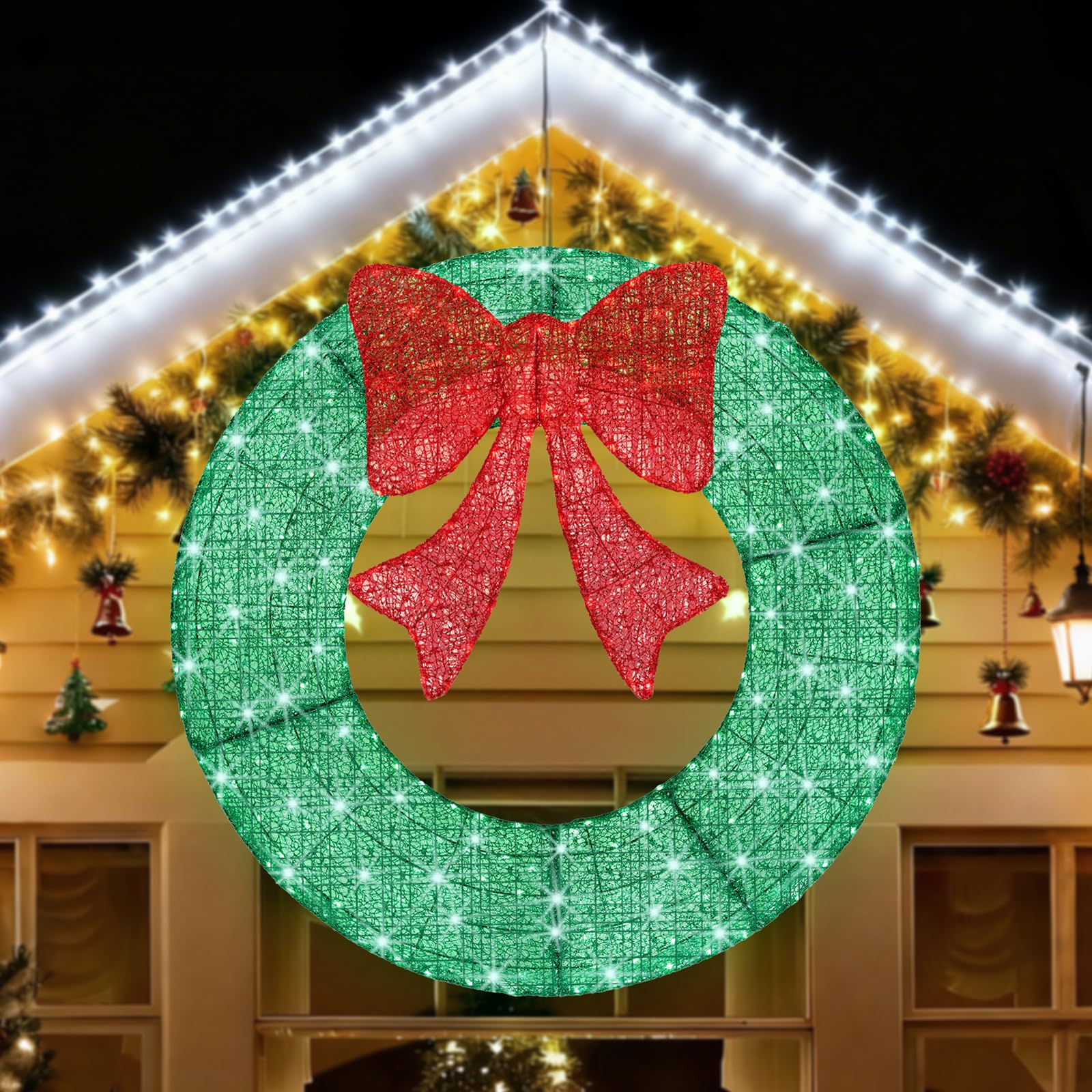 Sweetcrispy 48in Pre-Lit Christmas Wreath, LED Lighted Holiday Outdoor Decoration with Bow for Door, Mantel, Wall, Windows, Fron