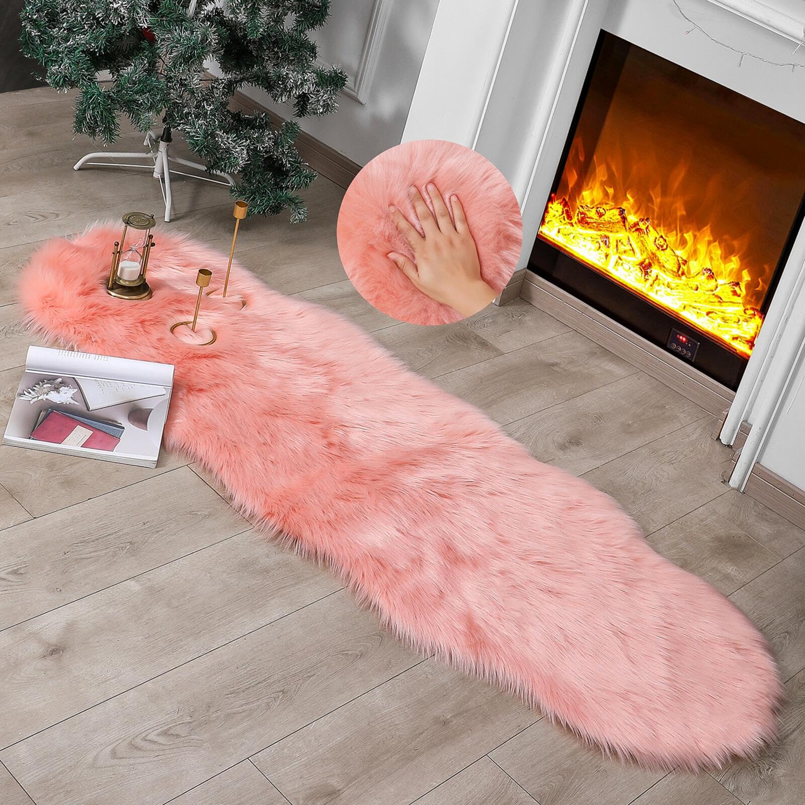 linmopm Faux Fur Rug Sheepskin Shag Fluffy Fuzzy Pink 2x6 ft Runner Rugs for Bedroom Bedside Bed Floor Living Room Plush High-De