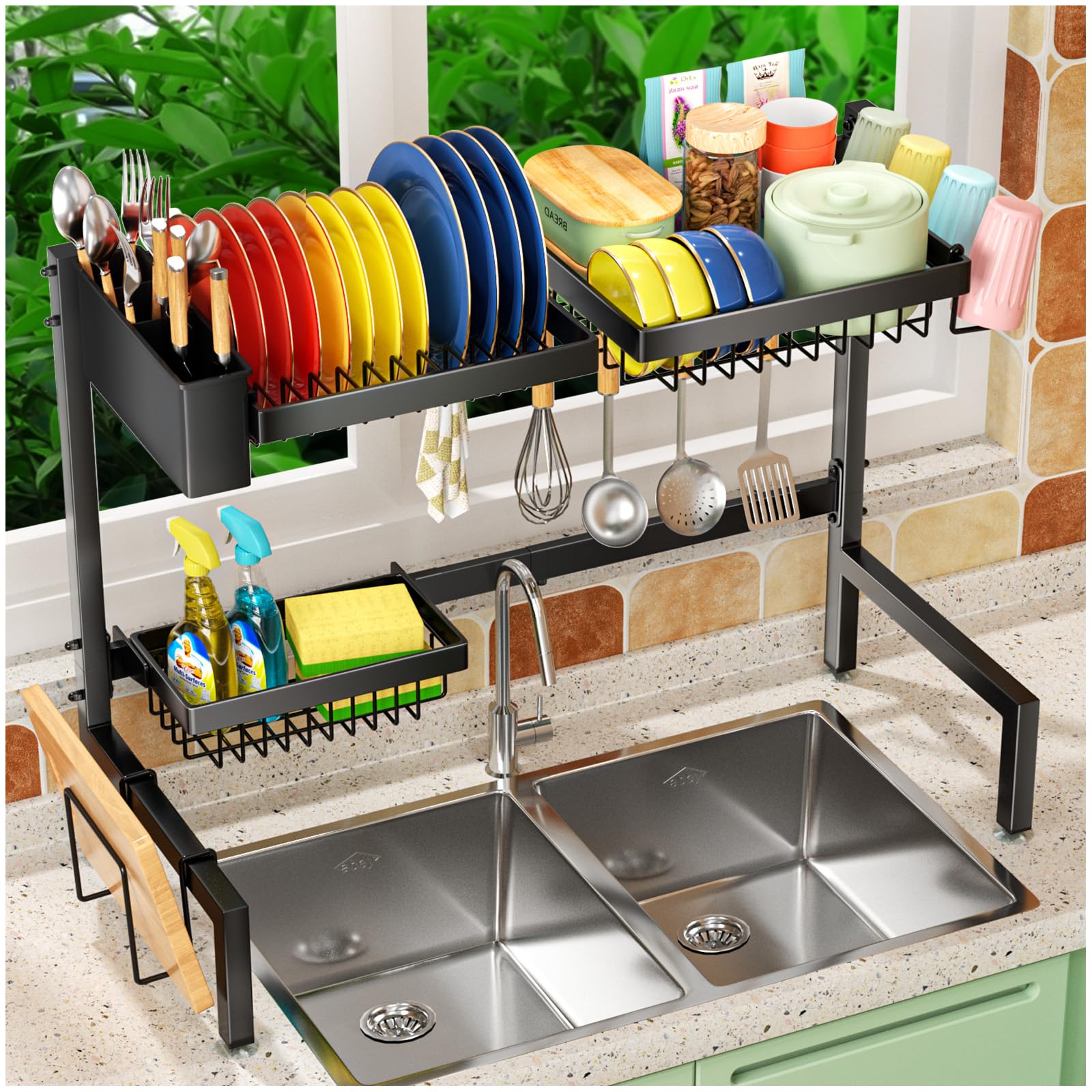 Snslxh 2-Tier Over The Sink Dish Drying Rack, Kitchen Large Dish Drying Rack Over The Sink, Suitable For Most Sinks, Effective D