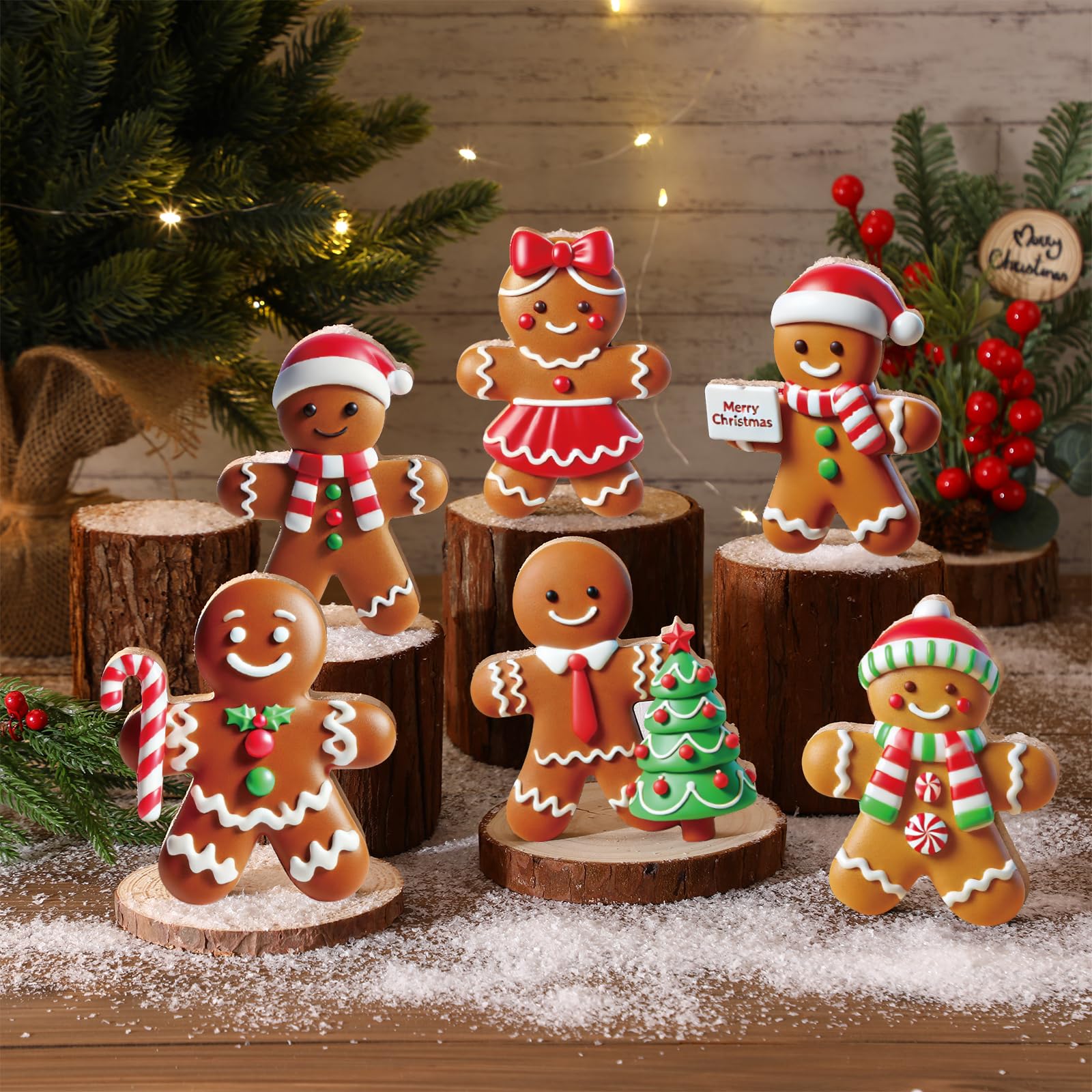 Thyle 6 Pcs Christmas Table Decorations Wooden Gingerbread Man Signs Vintage Figurine Christmas Table Centerpiece Decor for Xmas