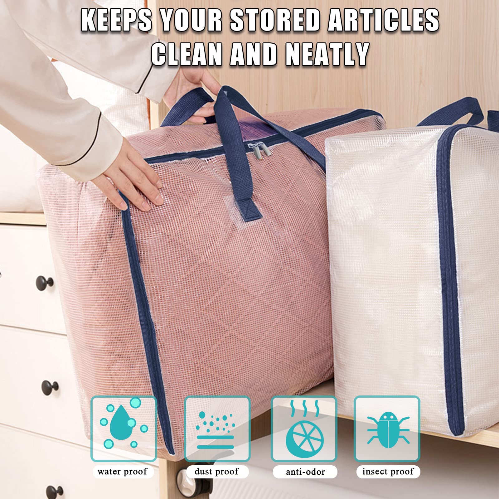 Ineetatu Clear Storage Bags with Zipper, 75L Extra Large Capacity - Closet, Underbed Storage Organizer for Clothes, Bedding, Com