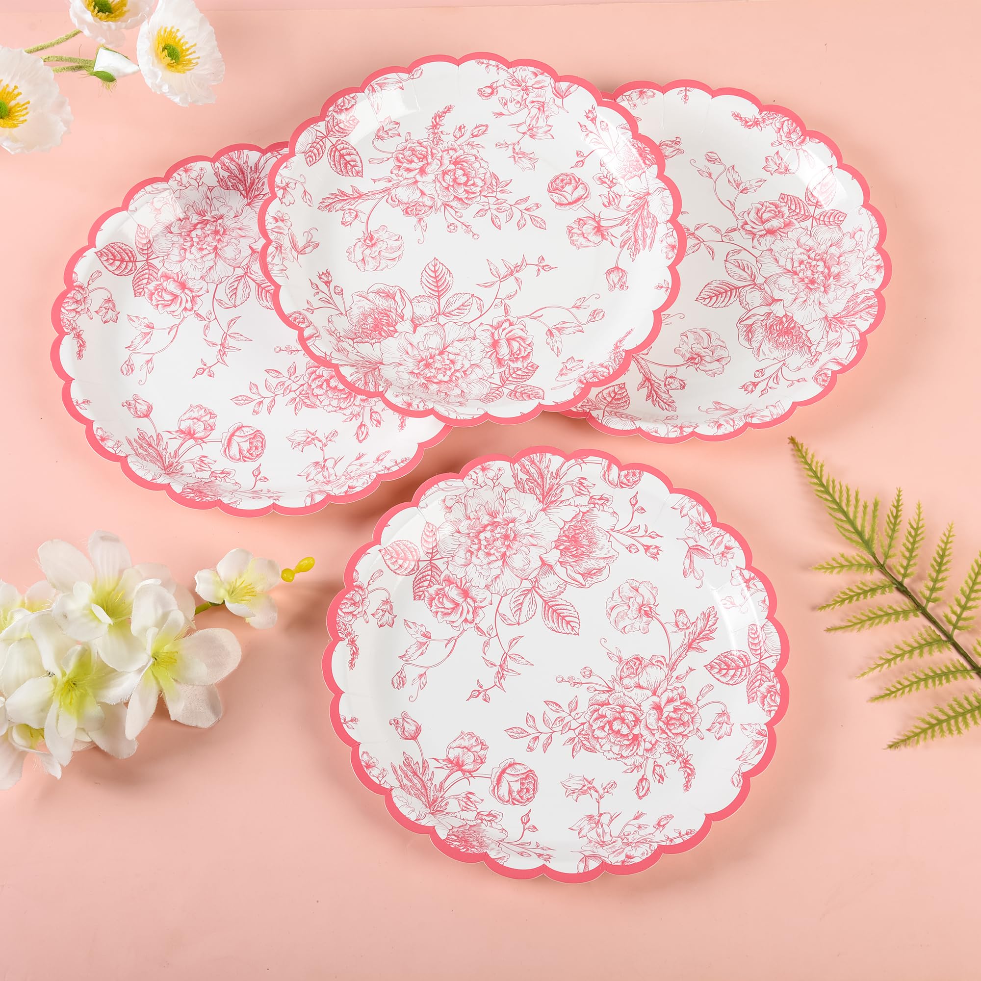 Elyxio Pink Floral Party Plates Floral Leaf Scalloped Disposable Paper Plates Pink And White Toile 9'' Dinner Plates For Valenti