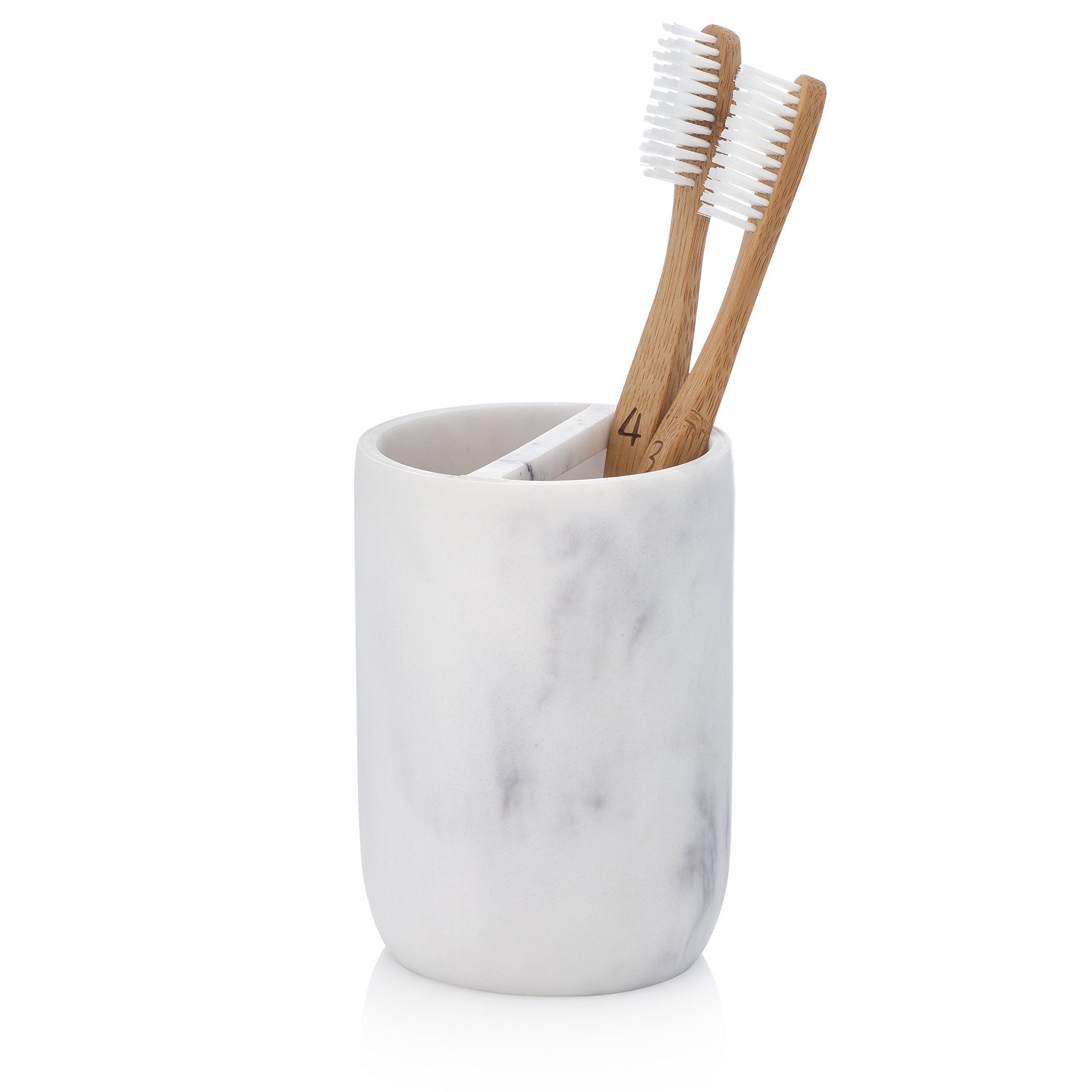 Essentra Home White Marble Toothbrush Holder | Small Toothbrush & Toothpaste Organizer | Blanc Collection