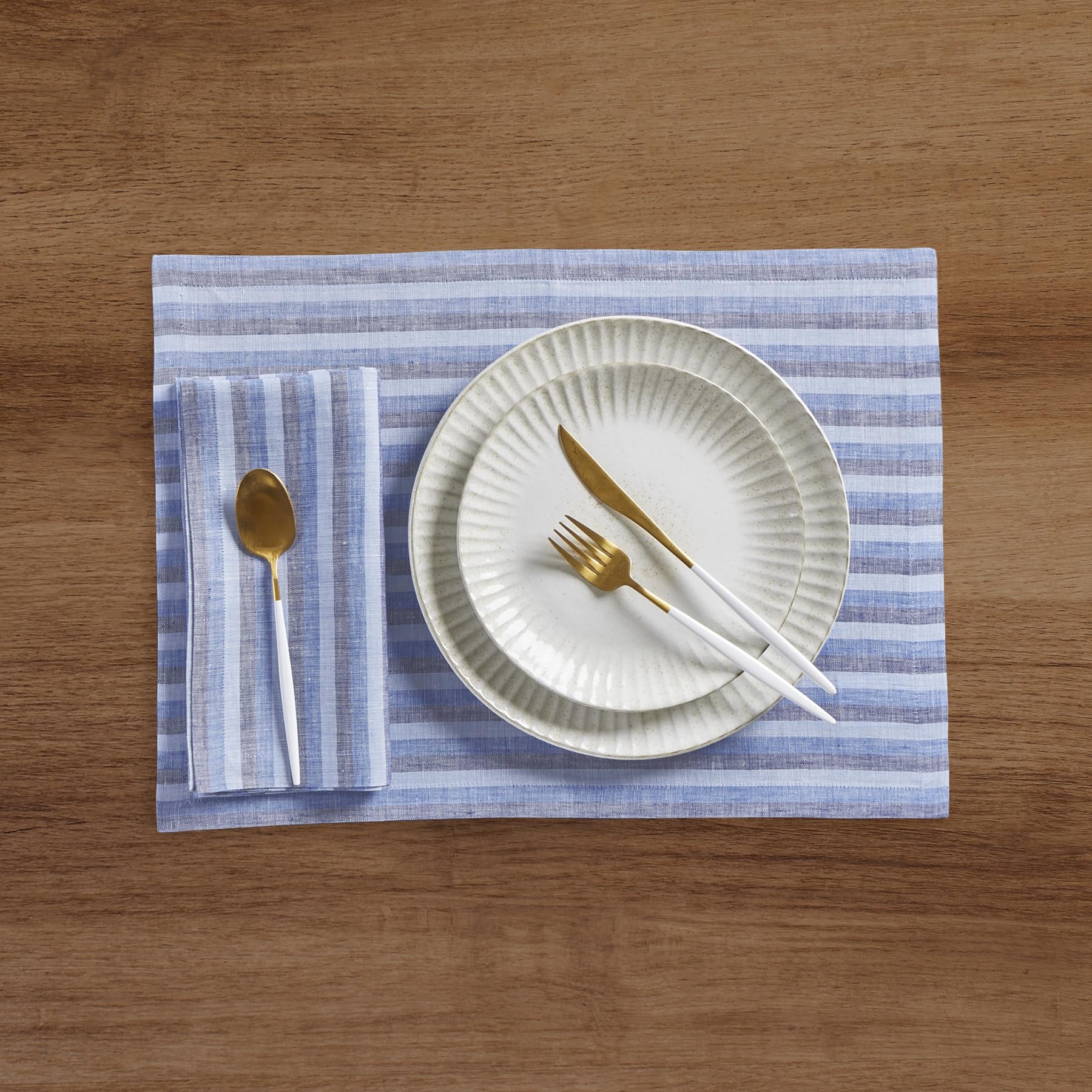 Solino Home Stripe Linen Placemats 19'' L X 14'' W - 100% Pure Linen Bistro Blue Cloth Placemats Set Of 4 - Amalfi Stripe, Washa
