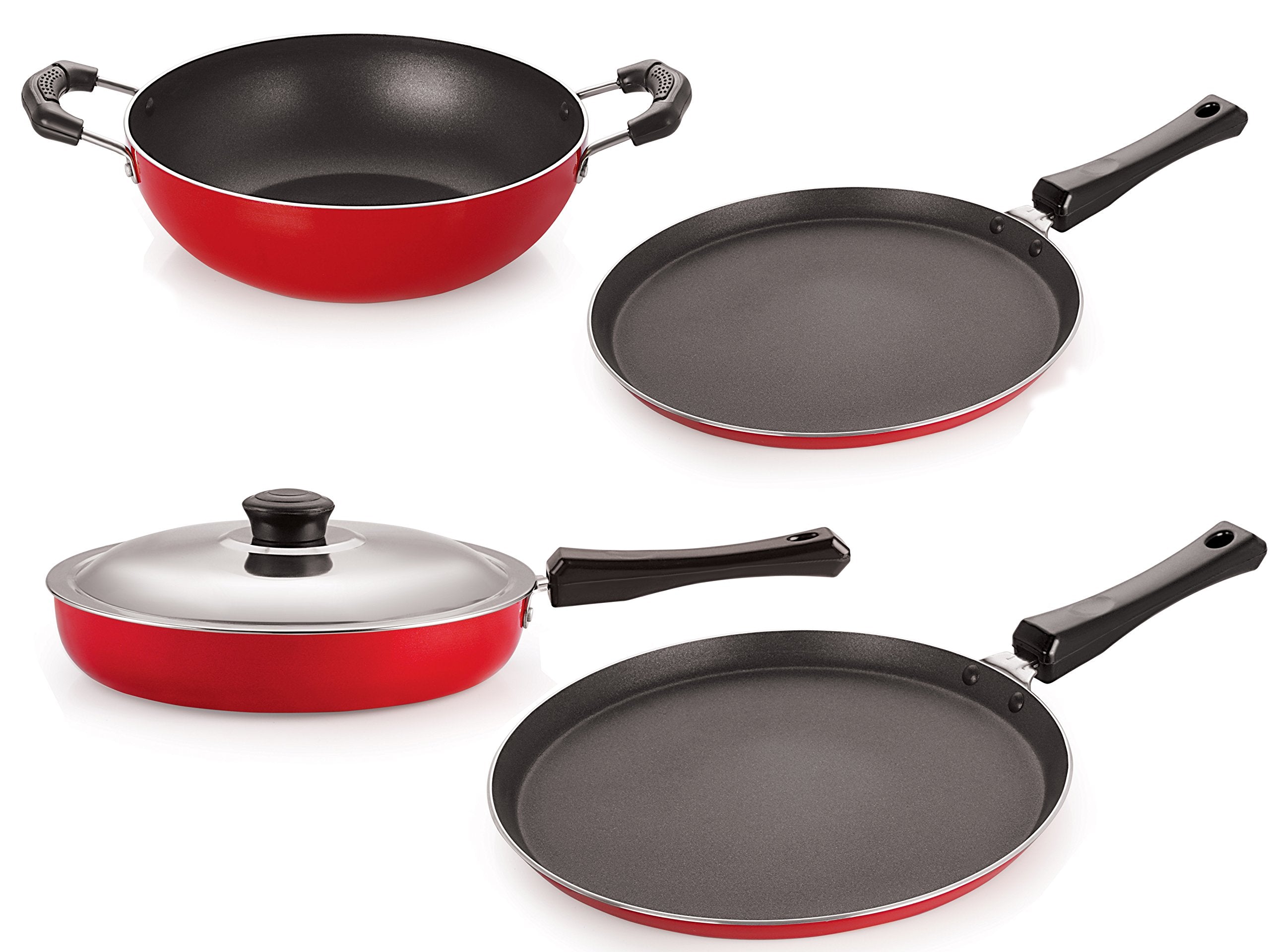 Nirlon NonStick Cookware Kitchen Cooking Utencil Combo Set Offer, (Ft13_Fp12_Kd14_Ft10),Red & Black Color