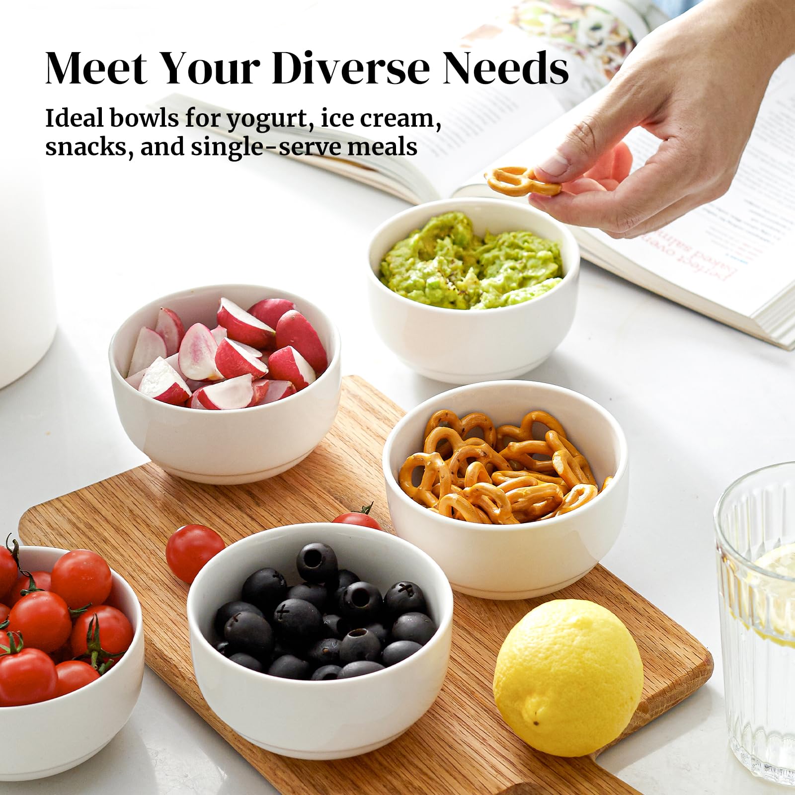 DOWAN 10 OZ Small Bowls Set of 6 - Ceramic White Bowls for Side Dishes  Ice Cream  Dessert  Rice  Dipping  Snack  Fruit - Dishwasher & Microwave Safe