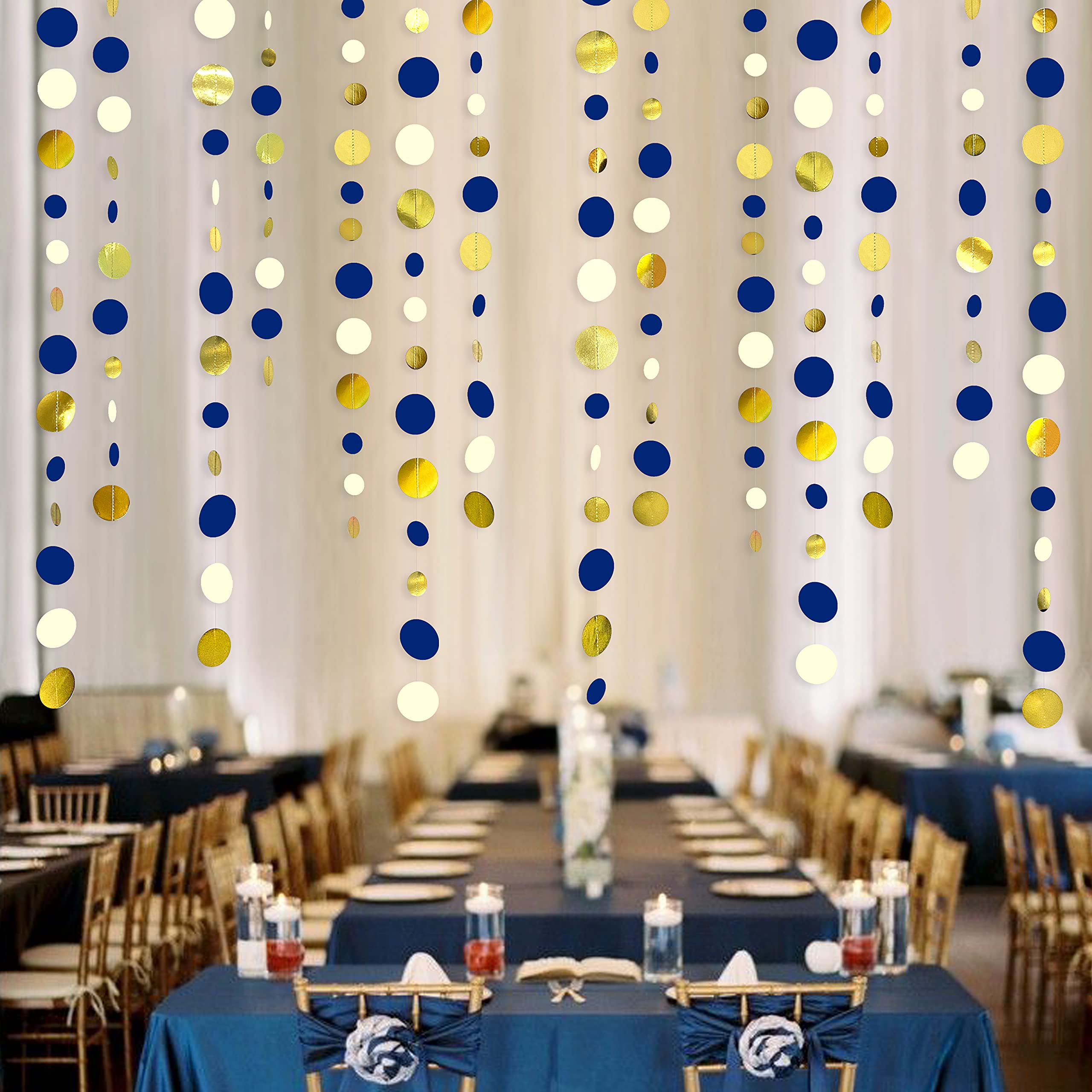 46 Ft Navy Blue And Gold Circle Dots Garland Royal Blue Hanging Paper Polka Dot Streamer For Birthday Wedding Bridal Baby Shower