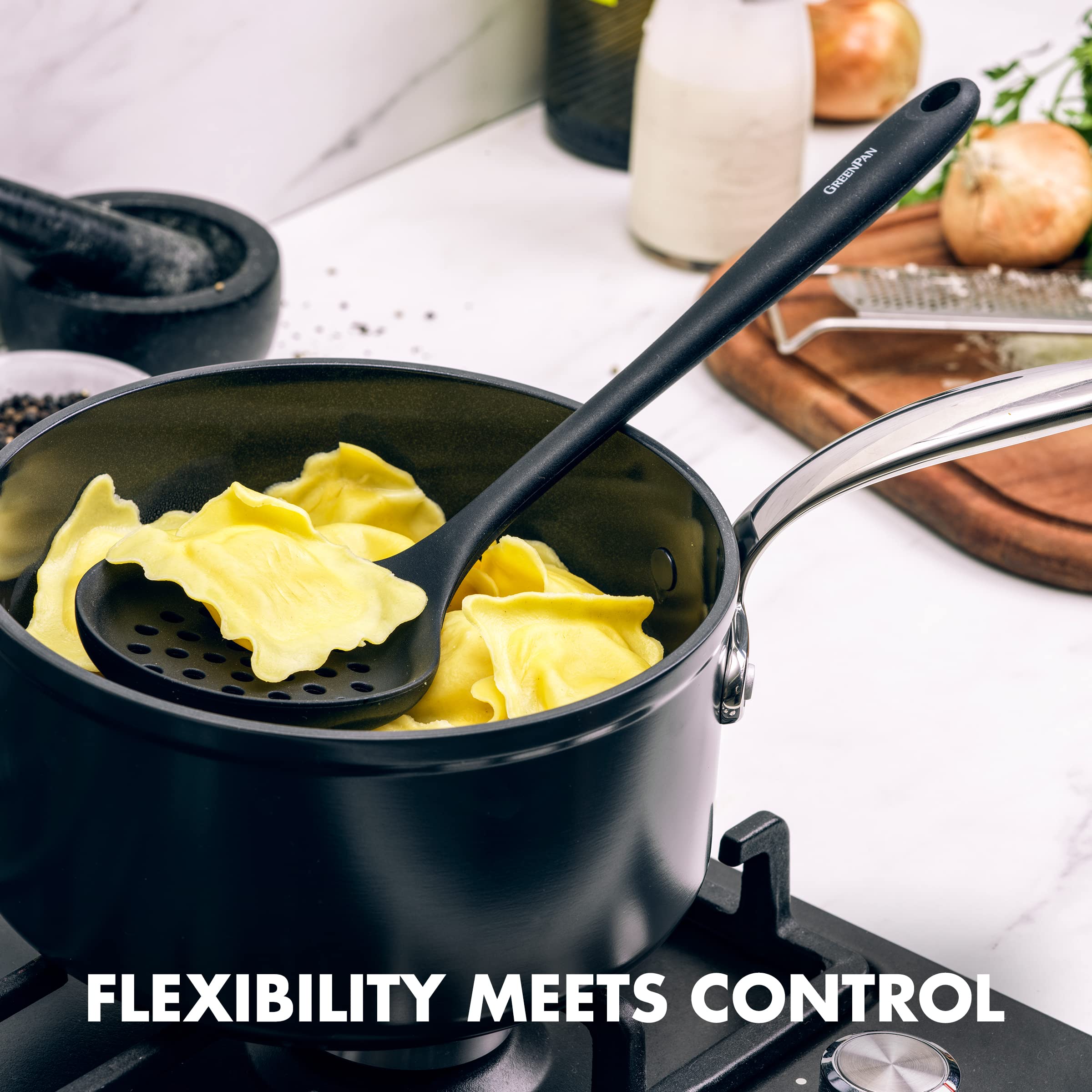 GreenPan 5 Piece Silicone Cooking Utensil Set - Nonstick, Stain-Free, Black - Tongs, Turner, Spatula, Skimmer, Slotted Spoon
