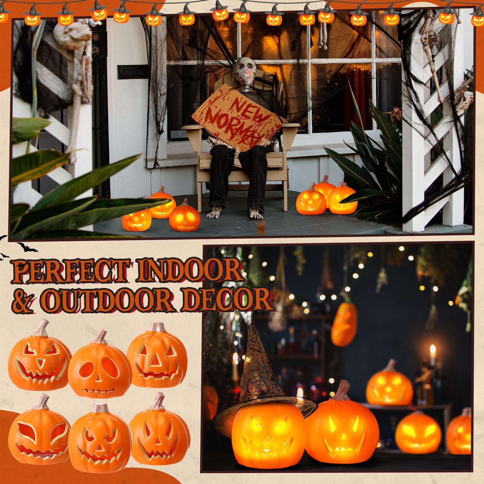 Pinkunn 6 Pcs Light up Jack O Lantern Halloween Pumpkin Lights Scary Glowing Plastic Pumpkin Lamp 5.25 Inch Halloween Props with