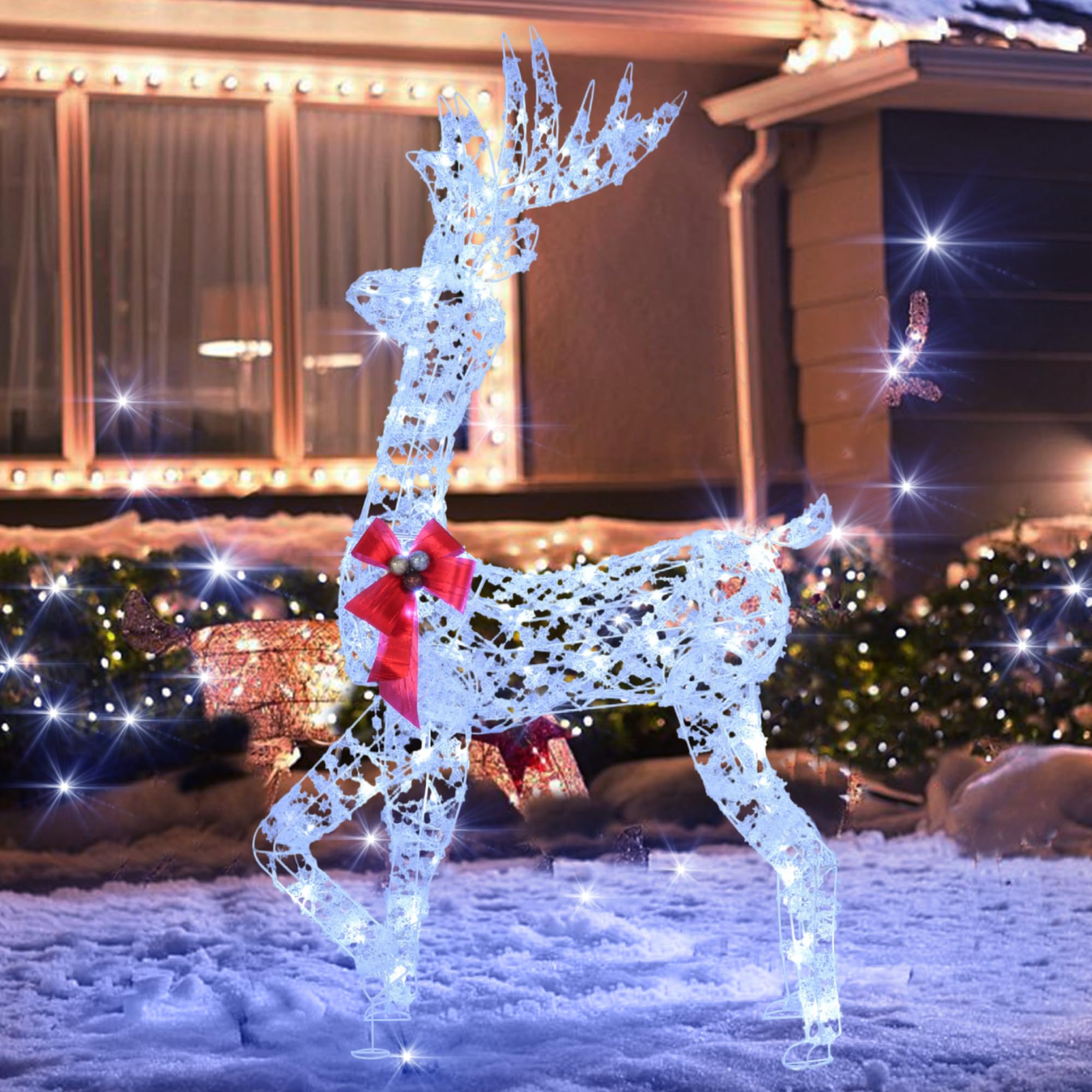 Tangkula 5 FT Lighted Christmas Reindeer, 3D Standing Lighted Buck Deer with LED Lights, Indoor/Outdoor Lighted Holiday Decor fo