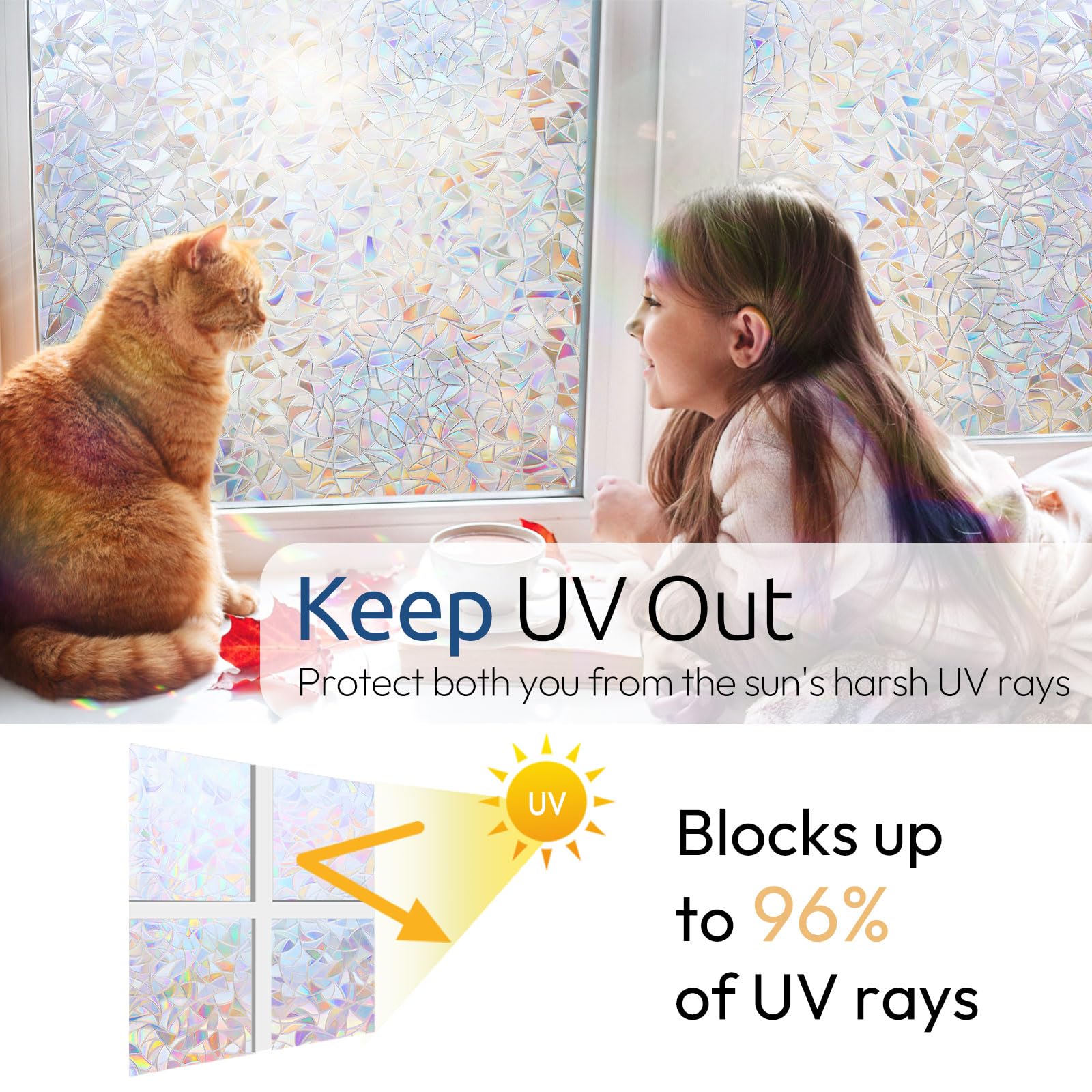 rabbitgoo Window Privacy Film - 3D Kaleidoscope Vinyl Clings, 23.6" x 157.4", Non-Adhesive Stained Glass Static Cling Decals