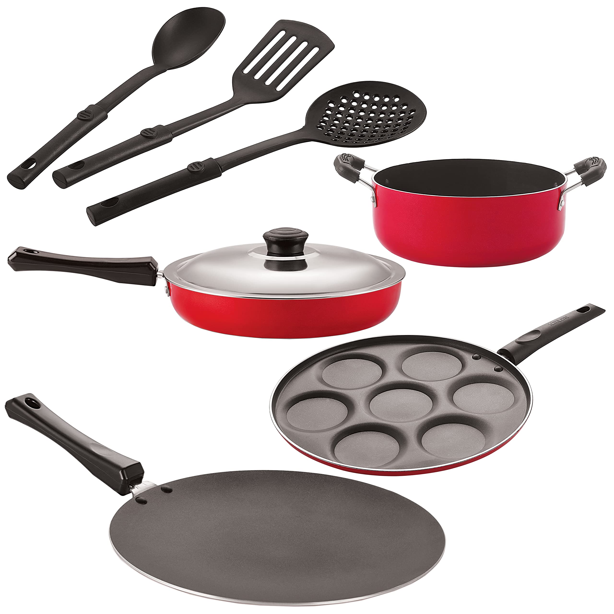 Nirlon Nonstick Coated Aluminium 7 Pcs Set Of Concave Tawa27.5Cm,Uttapam7 Cavity,Casserole20Cm,Fry Pan24Cm & 3 Spoon (2.6Mm_