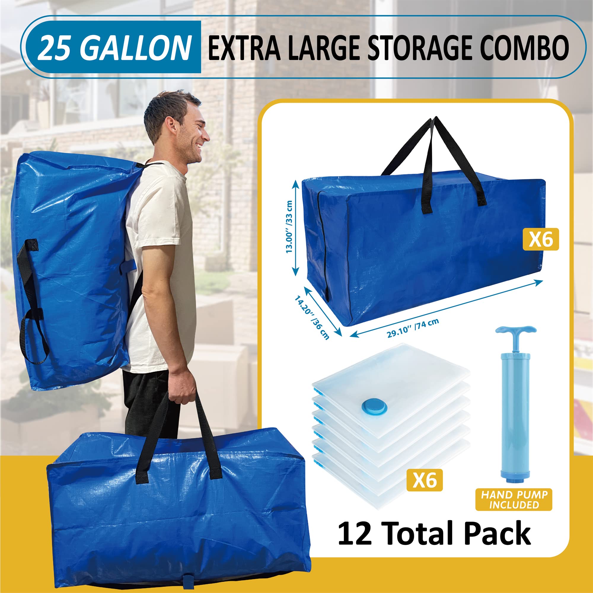 12 Pack Heavy Duty Extra Large Moving Bags with Backpack Straps & Large Vacuum Storage Bags Moving Supply Combo  Moving Totes with Handles & Zippers for Space Saving  Fold Flat  Includes Vacuum Bags