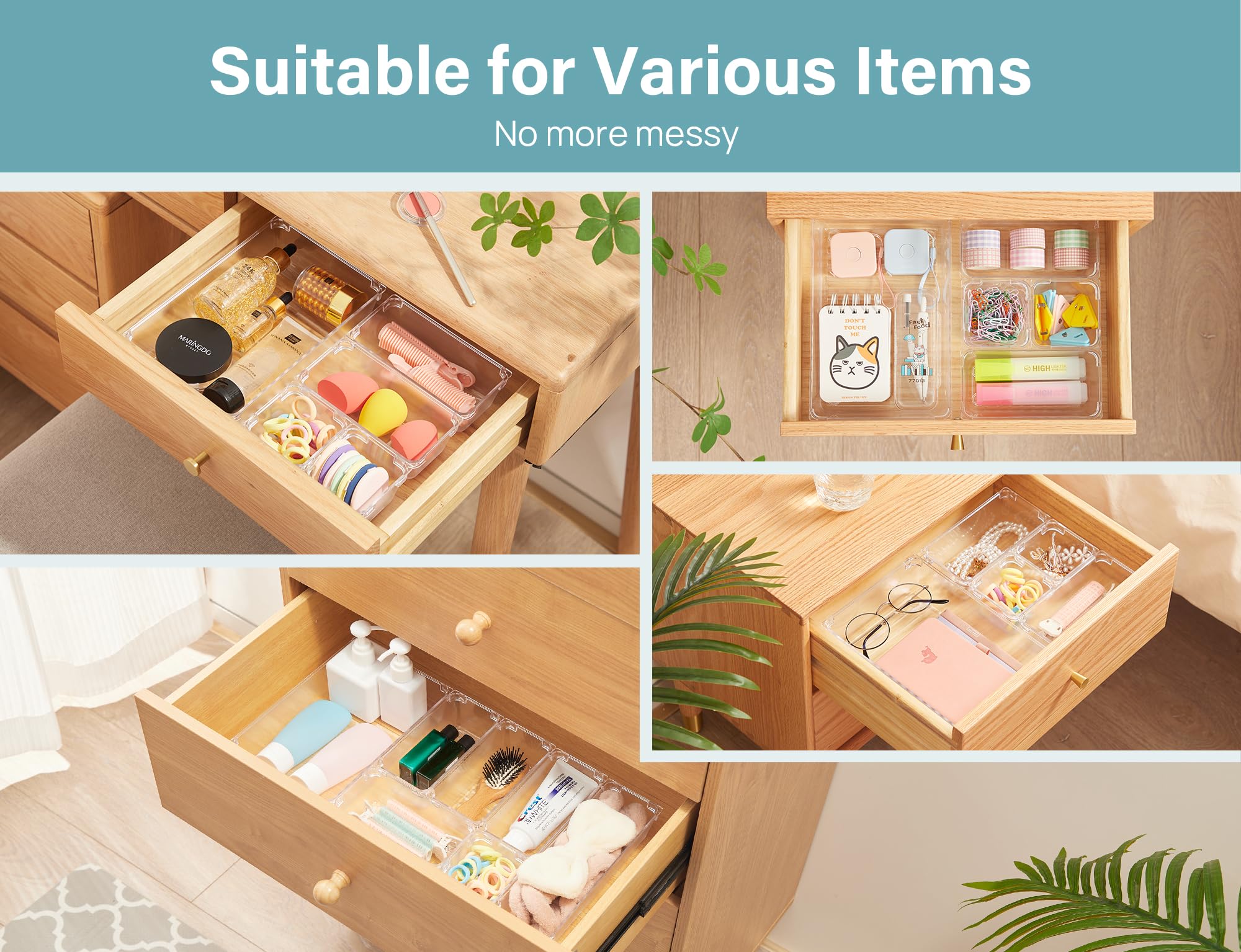 Kootek 28 Pcs Drawer Organizer Set, 4-Size Bathroom Drawer Organizers Makeup Trays Vanity Desk Dividers Versatile Storage Bins C