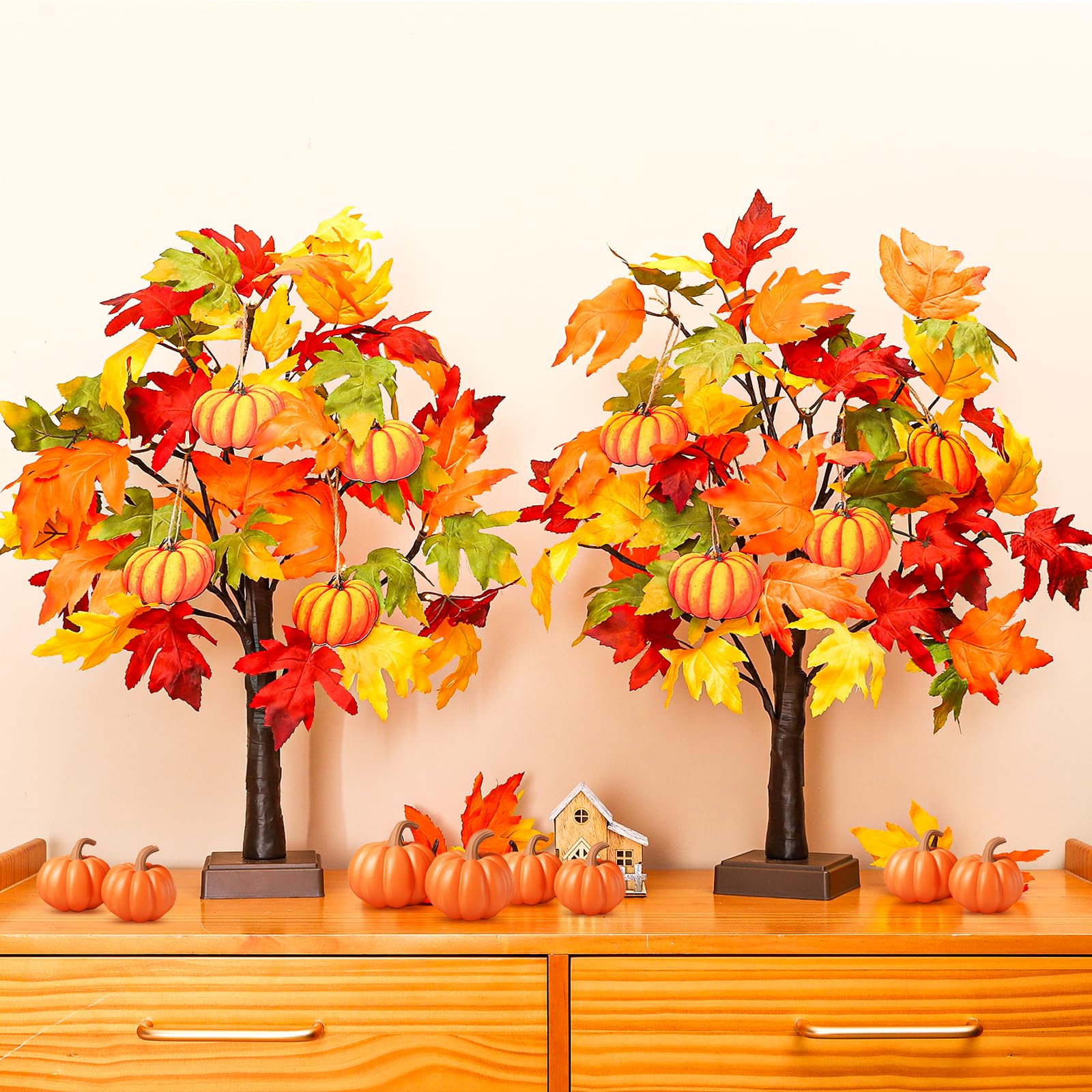 Fall Decor 2 Pack 24 Inch Lighted Fall Maple Tree Fall Decorations for Home,Tabletop Fall Trees 48 LEDs Battery Powered with 8pc