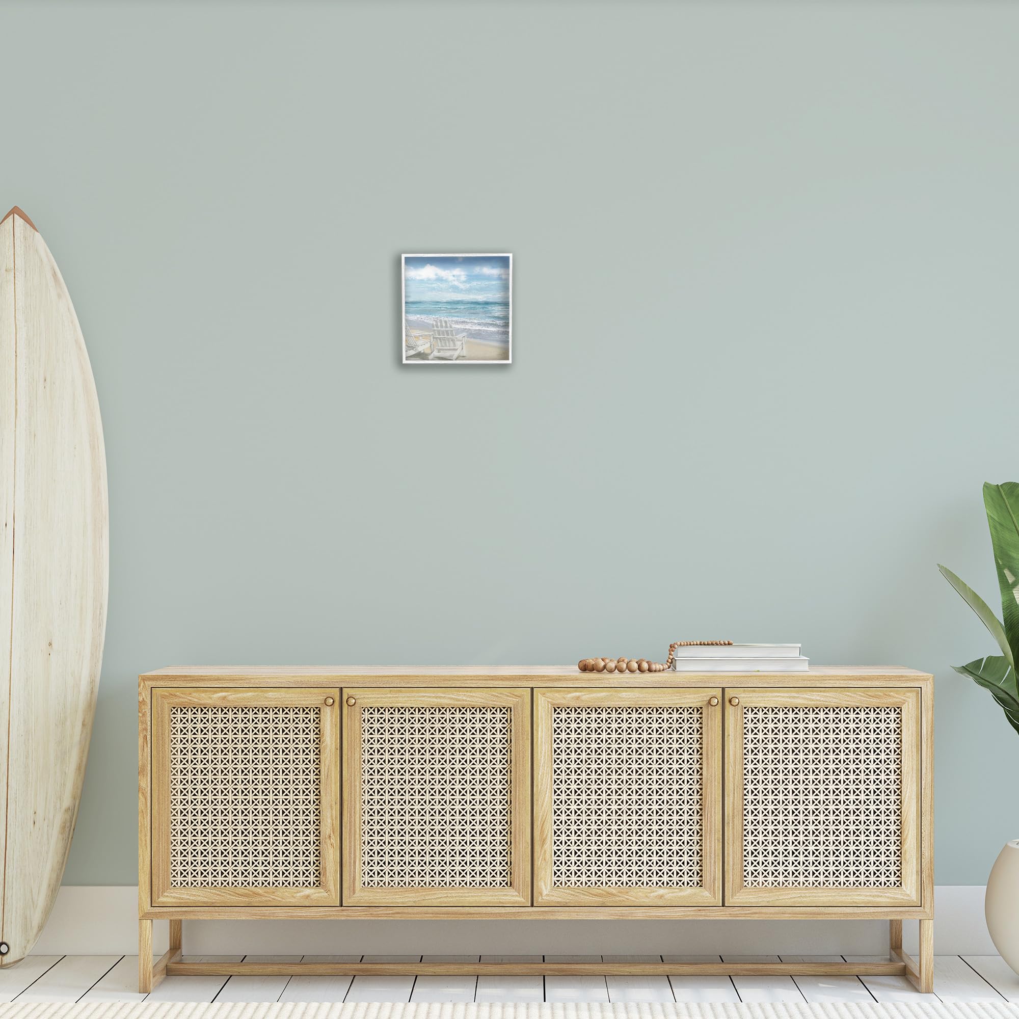 Stupell Industries Adirondack Chairs On The Beach Painting, Design By Main Line Studio White Framed Wall Art, 12X12, Blue